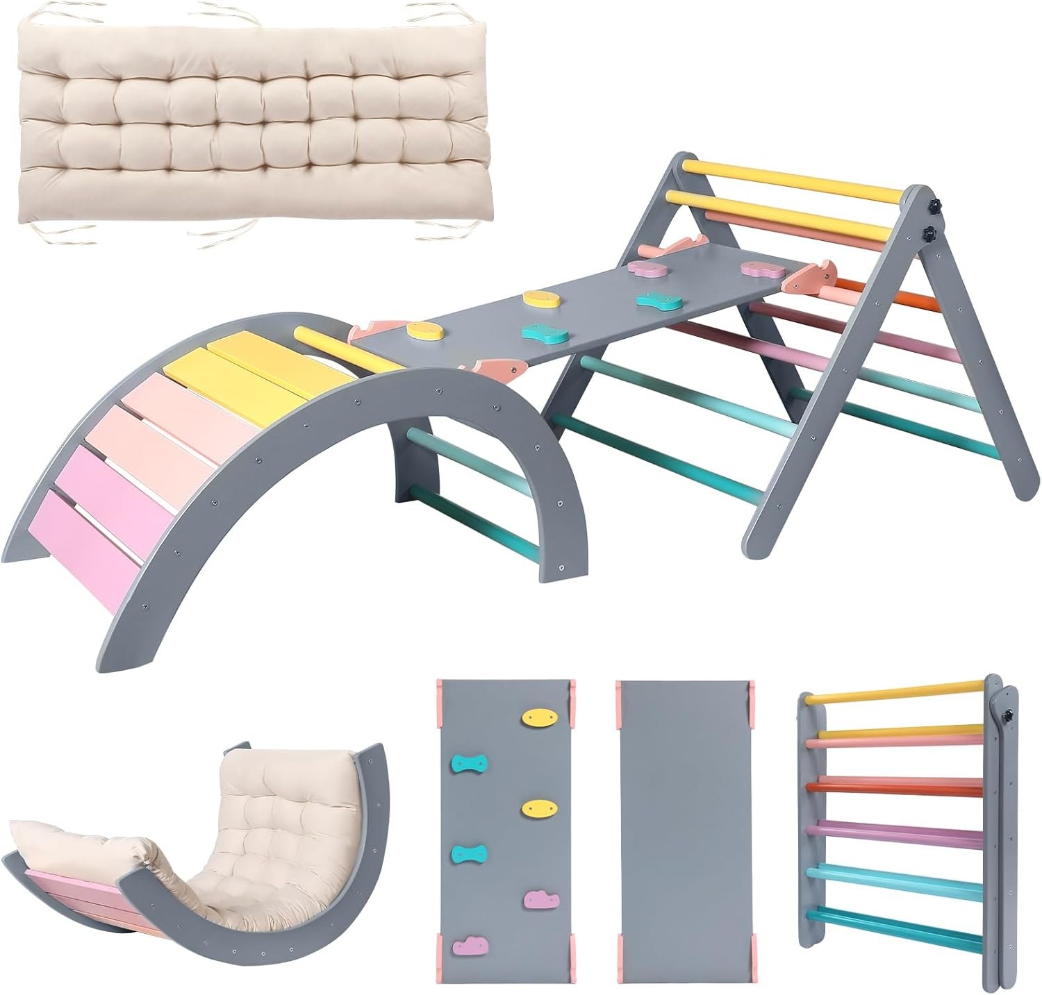 Yopnoyik Pikler Triangle Set with Cushion Large, 5 in 1 Toddler Climbing Toys Indoor, Montessori Foldable Climbing Set for Kids, Wooden Playground Jungle Gym with Ramp, Arch and Ladder(Color-A)
