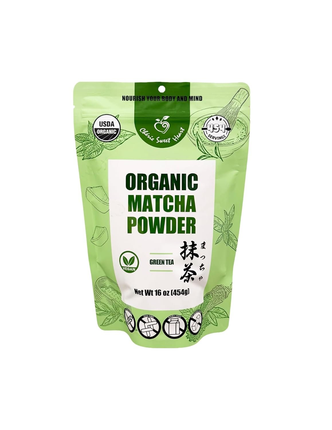 Cherie Sweet Heart Organic Matcha Green Tea Powder – Premium Culinary Grade, Authentic Japanese Origin, Antioxidant-Rich, Gluten-Free, Vegan – Perfect for Lattes, Cooking, Baking & Smoothies – 16oz Resealable Bag