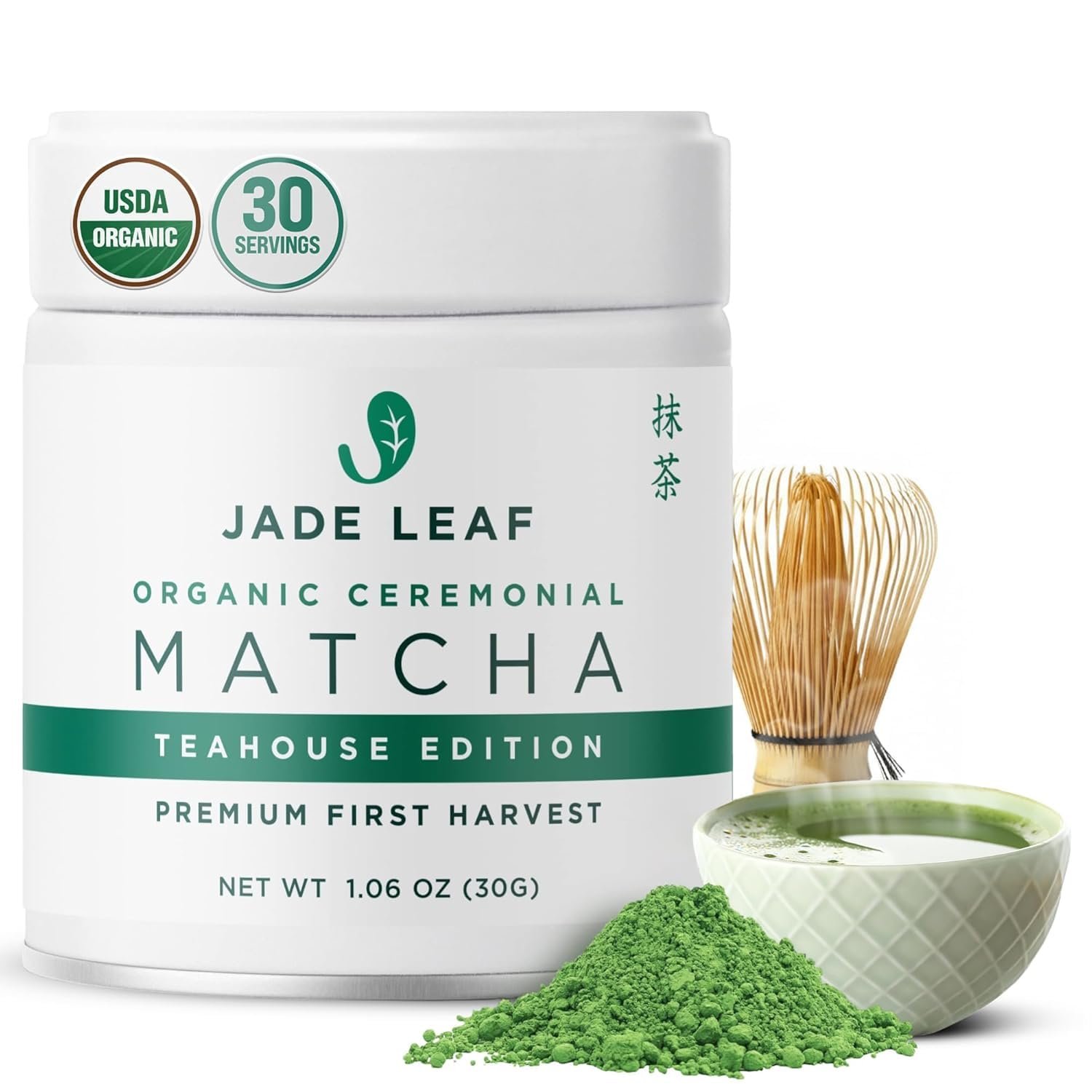 Jade Leaf Matcha Organic Ceremonial Grade Teahouse Edition Matcha Powder – 100% Pure Japanese Premium First Harvest Green Tea for Ceremonies, Usucha, Lattes 30g / 1.06 Ounce Tin (Pack of 1)