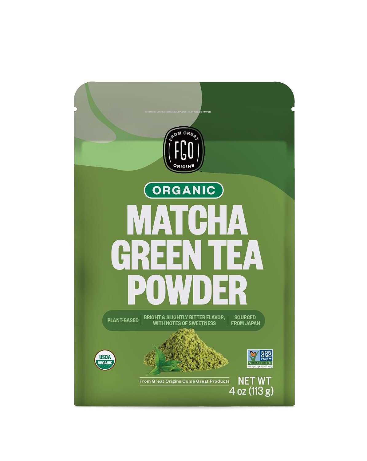 FGO Organic Matcha Green Tea Powder – Organic Matcha for Lattes, Smoothies & Baking – USDA Organic & Non-GMO – 4 oz Resealable Bag