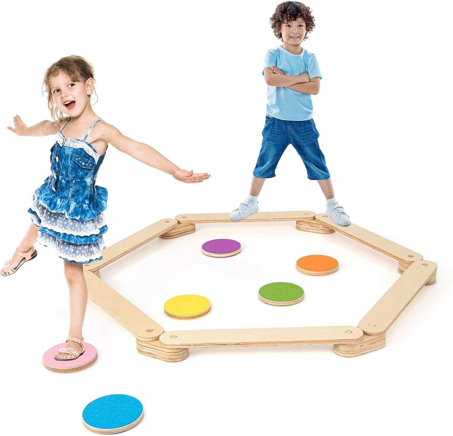 HONEY JOY Wooden Balance Beam Stepping Stones, Montessori Obstacle Course for Kids, Toddler Gymnastics Beam for Playroom, Indoor Outdoor Balance Board for Coordination, Gross Motor Skills, Natural