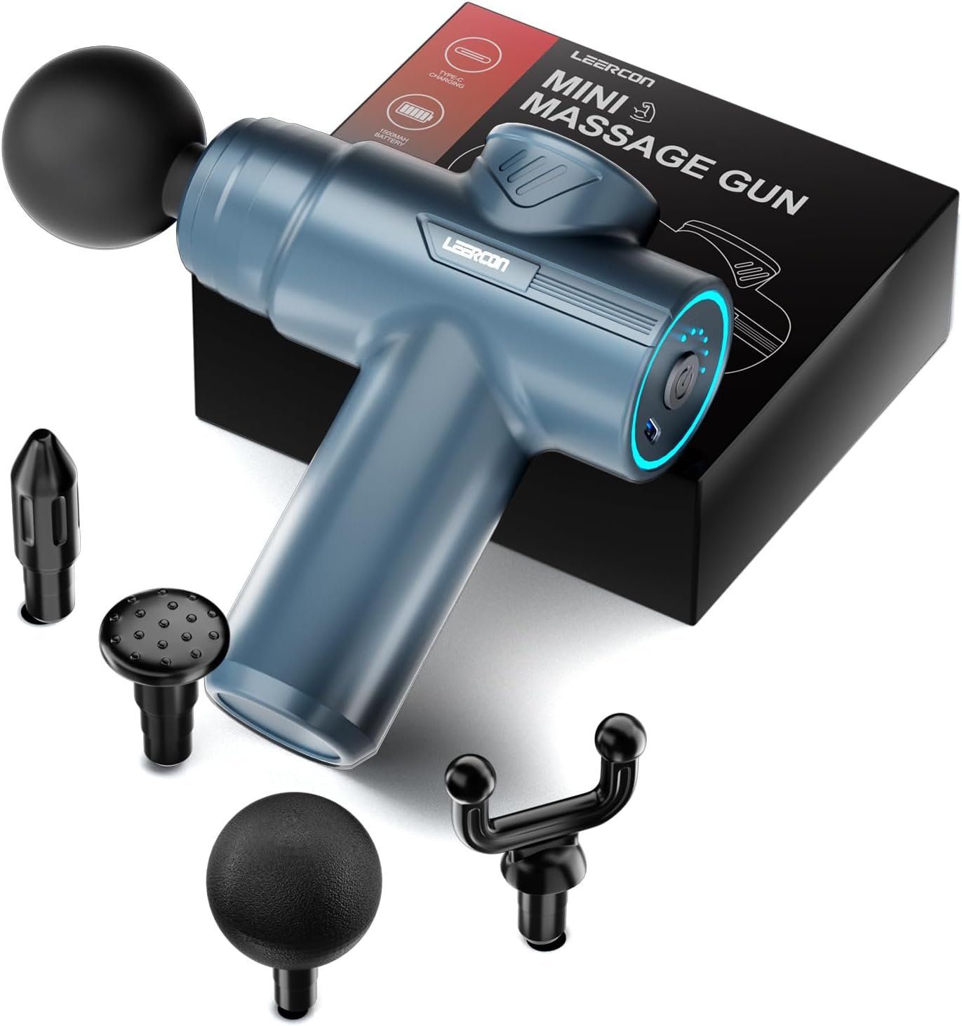 LEERCON Small Massage Gun Handheld Deep Tissue Massager Gun for Pain Relief- 6 Speeds, 4 Heads, Ideal Gift for Men & Women (Blue)