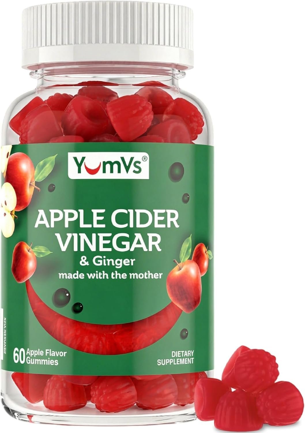 YUM-V’S Apple Cider Vinegar Gummies – ACV Gummies with Ginger & The Mother – Supports Metabolism, Vitality & Daily Wellness – Natural Apple Flavor Vegan, Non-GMO, Gluten-Free, Cider Gummy – 60 Count