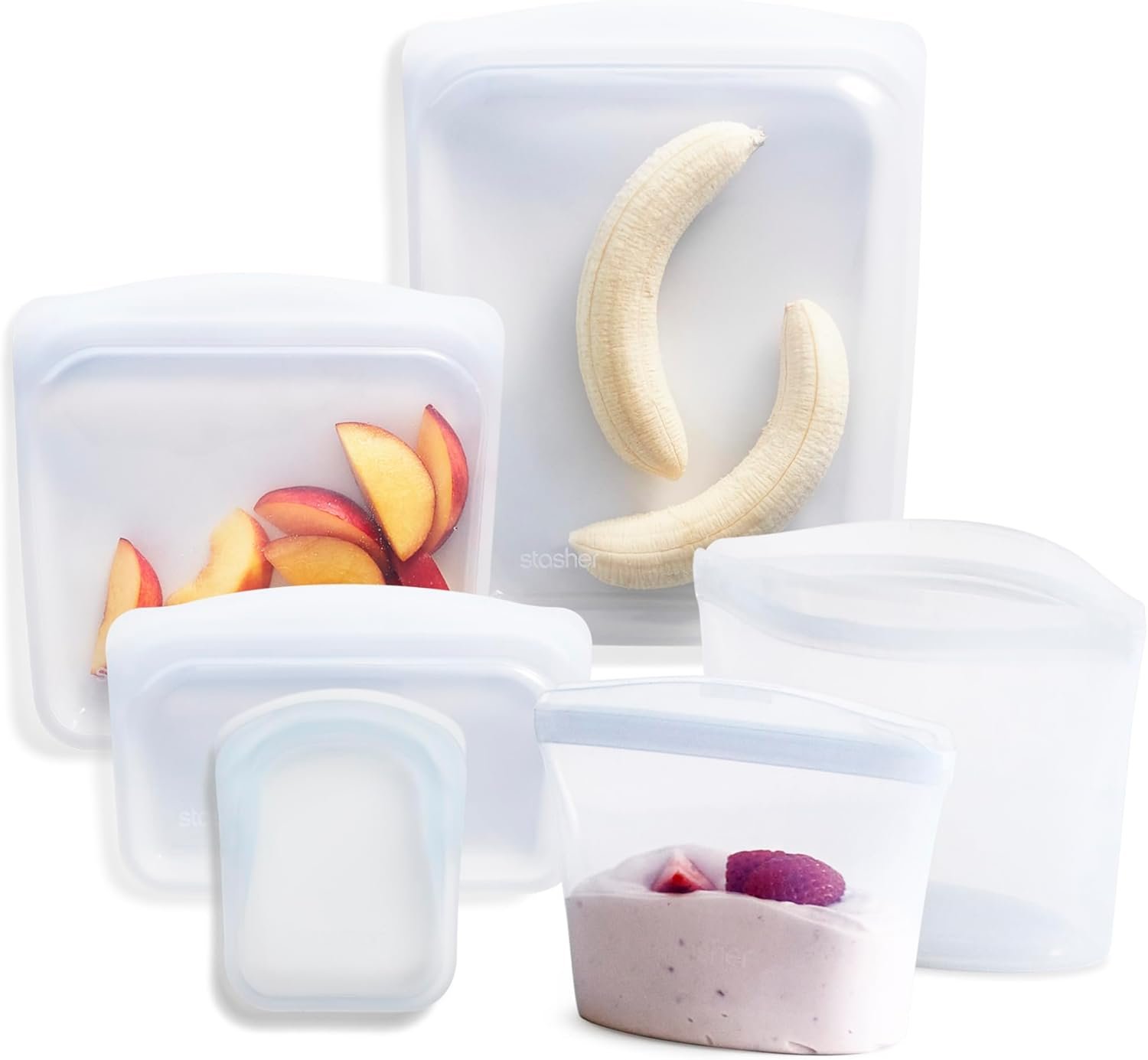 Stasher Silicone Reusable Food Storage Bags, 6-Pack, Reusable Freezer Bags, Microwave, Dishwasher, Oven Safe, Sous Vide, Premium Lunch Containers, Eco Friendly, Food-safe Silicone Snack Bag, Clear