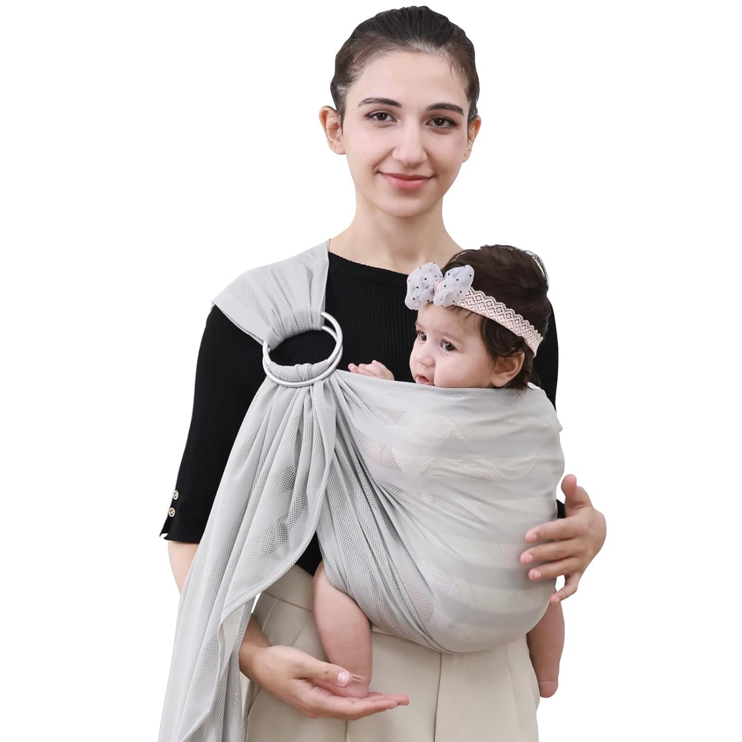 CUBY Water Baby Sling Carrier Lightweight Breathable Mesh Baby Wrap Carrier Adjustable Ring Sling Quick-Drying Baby Slings Newborn Toddler Summer Swimming Pool Beach (Light Gray Stripe, Baby Sling)