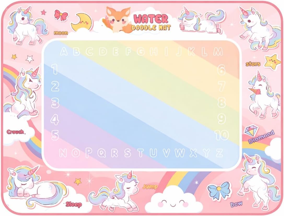 Water Doodle Mat for Kids – Mess Free Reusable Drawing & Writing Board, Neon Aqua Magic Coloring Mat, Educational Preschool Learning Toy for Toddlers Boys & Girls (Unicorn)