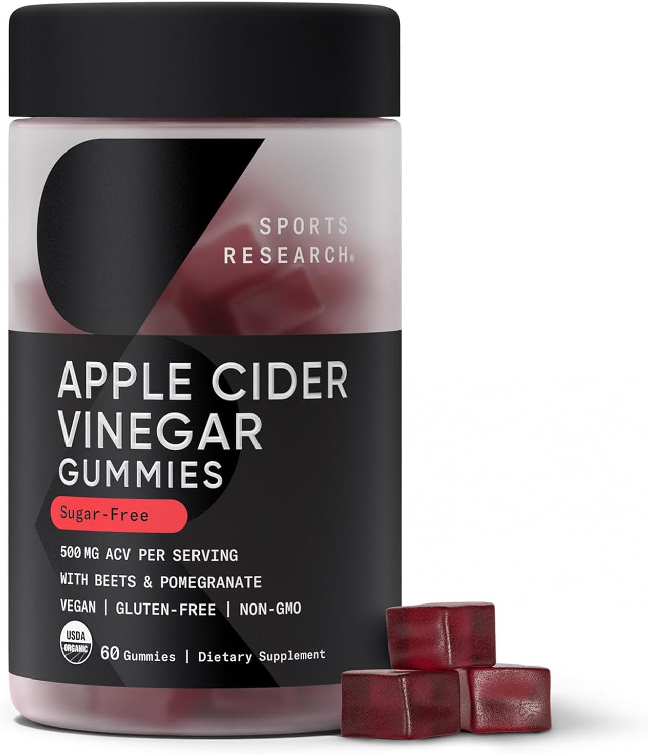 Sports Research® Organic Apple Cider Vinegar Gummies – for Diet Cleanses & Digestion | 500mg | Non-GMO Tested, Certified Vegan, Gluten Free ACV – 60 Gummies for Adults, 1 Month Supply
