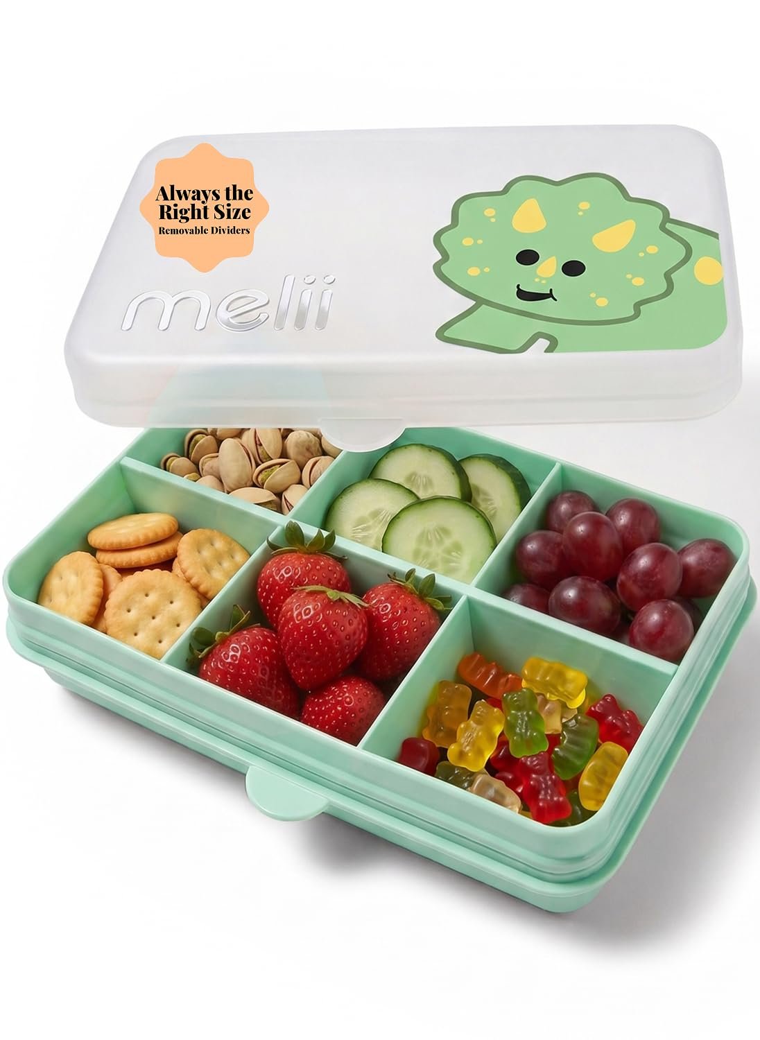 melii Snackle Box | 6-Compartment Divided Snack Container, BPA-Free Food Storage with Removable Dividers for School, Travel & On-the-Go Snacking (Dinosaur)