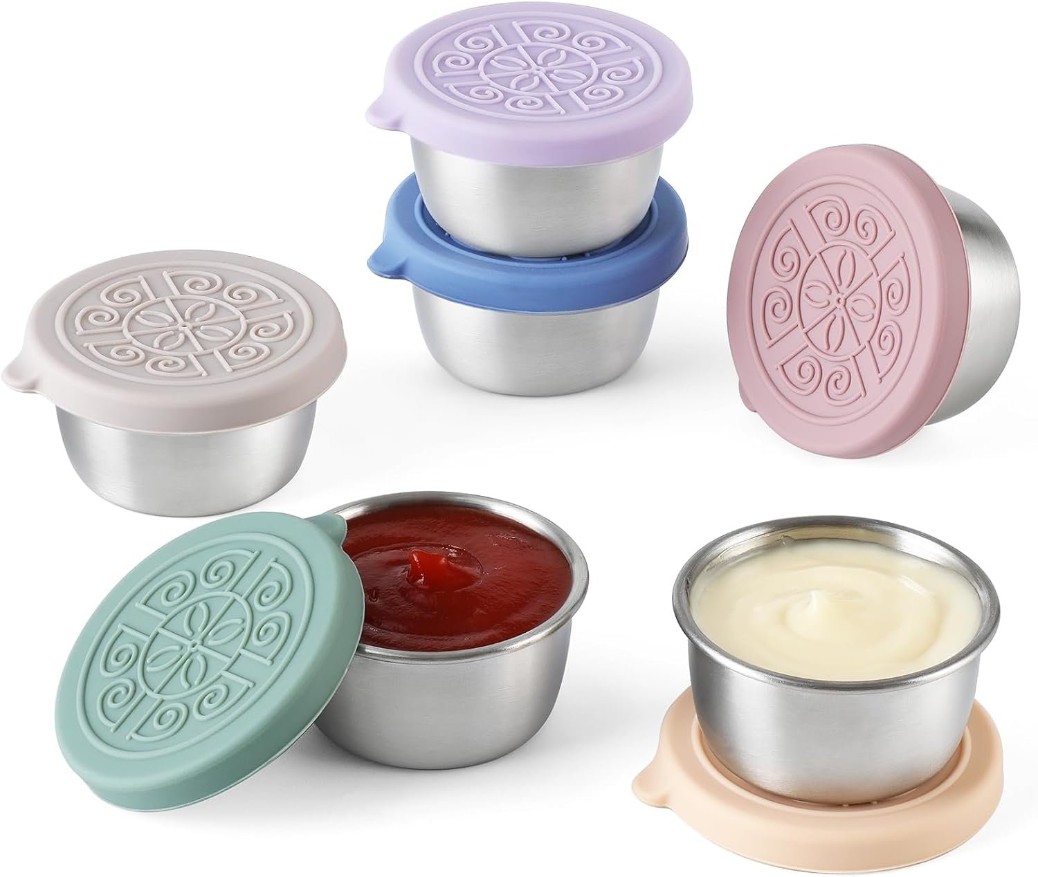 VITEVER [6 Pack] Salad Dressing Container To Go, 1.6 oz Small Condiment Containers with Lids, Reusable Stainless Steel Sauce Cups , Leakproof Silicone Lids for Lunch Bento Box, Picnic and Travel