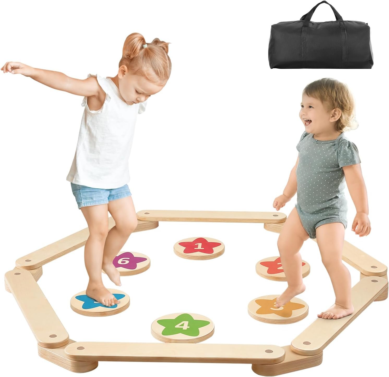 VEVOR Balance Beam Stepping Stones, 6 PCS Wooden Toddler Balance Boards, Montessori Toy for Kids 3-6, Build Coordination and Gross Motor Skills, Gymnastics Course Indoor & Outdoor for Girls Boys Gift