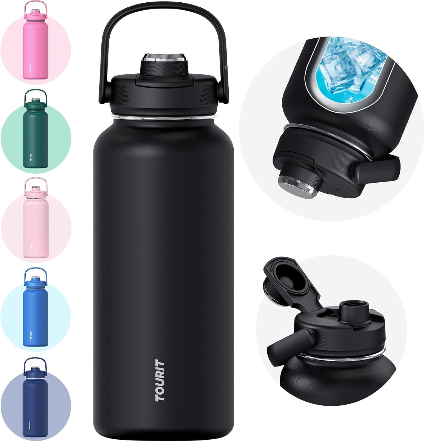 TOURIT 32 oz Insulated Water Bottle, Stainless Steel Sports Water Bottles With Top Handle, Double-Wall Travel Thermal Water Flask, BPA Free Leakproof Water Bottle for Sports and Travel (Obsidian)
