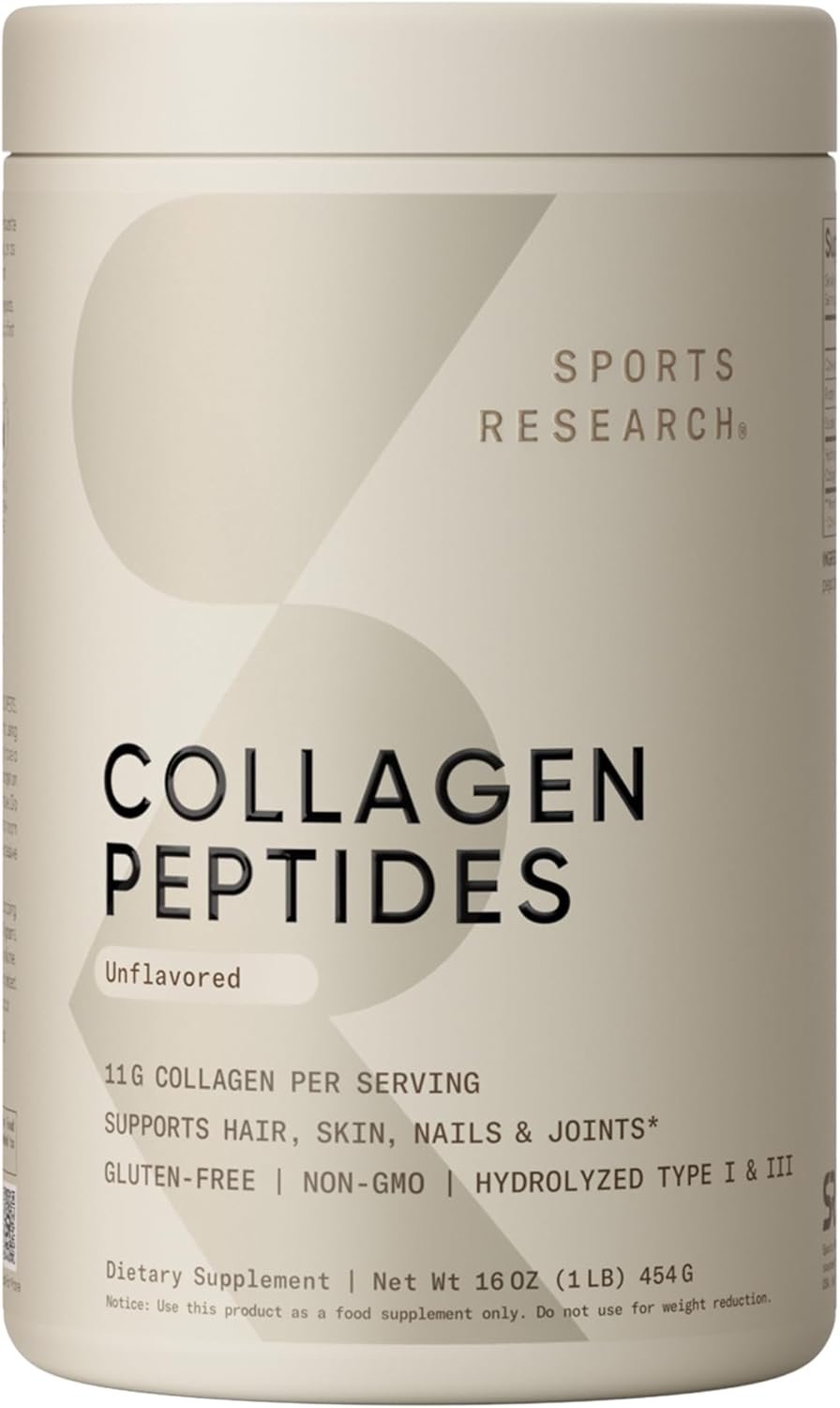 Sports Research® Collagen Peptides Protein Powder, 16oz (Unflavored) | * 11g Grass-Fed Collagen, 10g Protein & 18 Amino Acids per Scoop – Hair, Skin & Joint Support – Hydrolyzed for Easy Mixing
