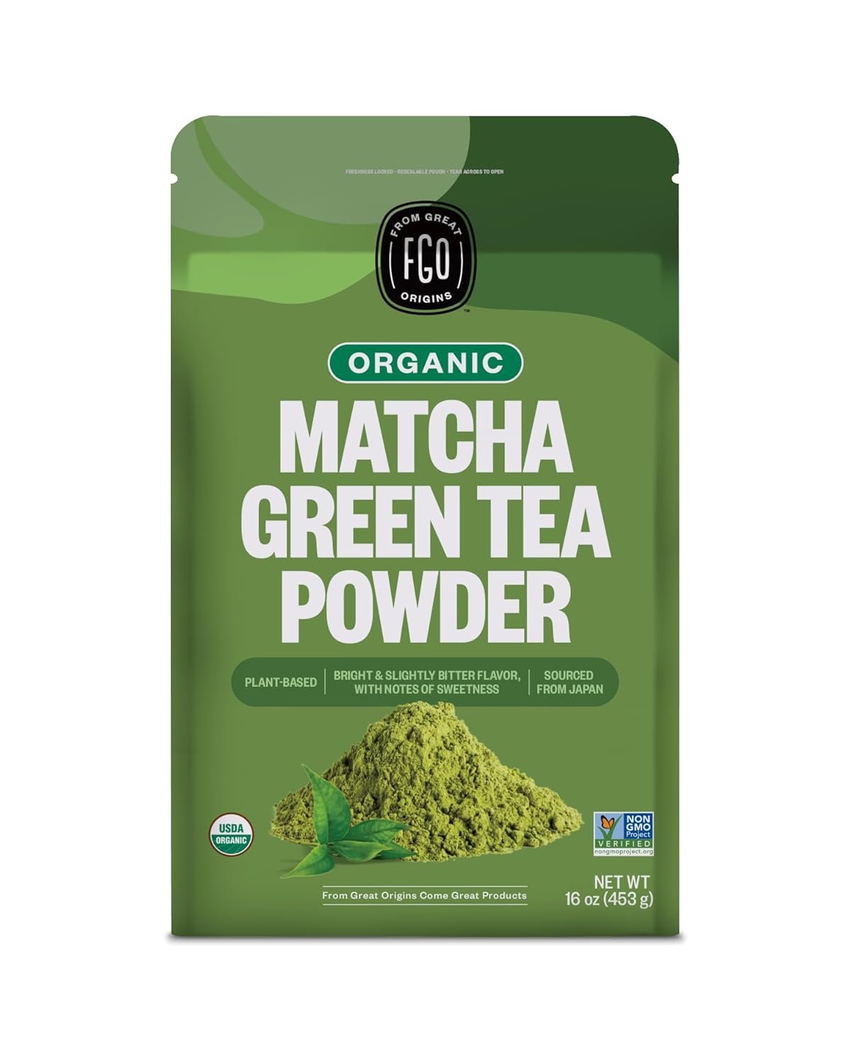FGO Organic Matcha Green Tea Powder – Organic Matcha for Lattes, Smoothies & Baking – USDA Organic & Non-GMO – 16oz Resealable Bag