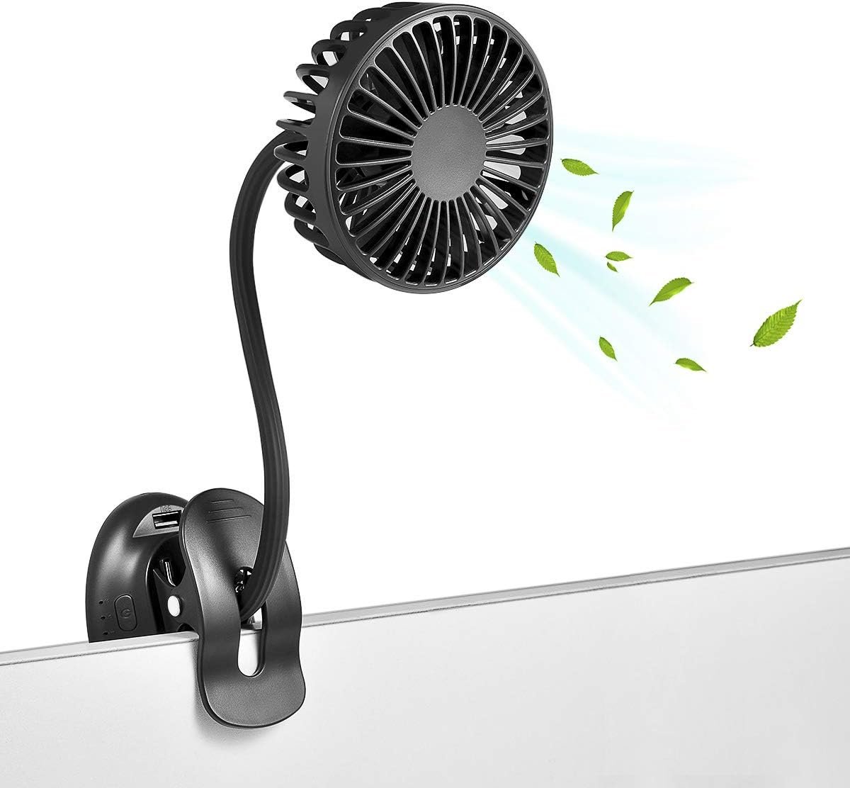 Clip On USB Mini Desk Fan with Emergency Power Bank, Battery Operated Rechargeable Portable Fan – Flexible Neck, 3 Speed Personal Cooling for Car, Camping, Office, Dorm, Beach – Black