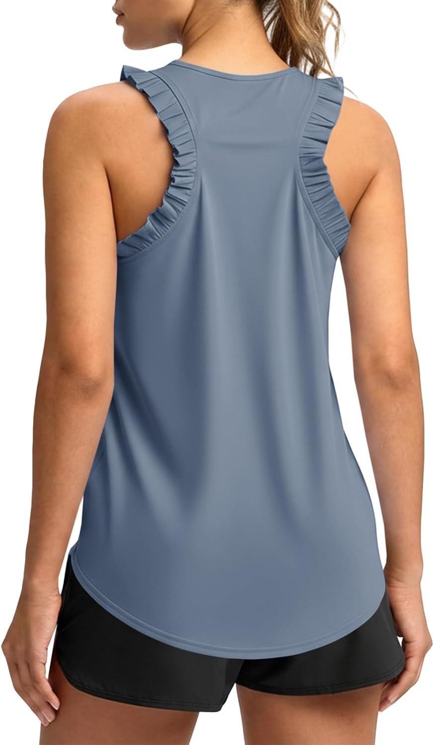 Fisoew Women Summer Workout Tank Tops Ruffle Sleeveless Racerback Crewneck Casual Loose Running Gym Athletic Tee Shirts