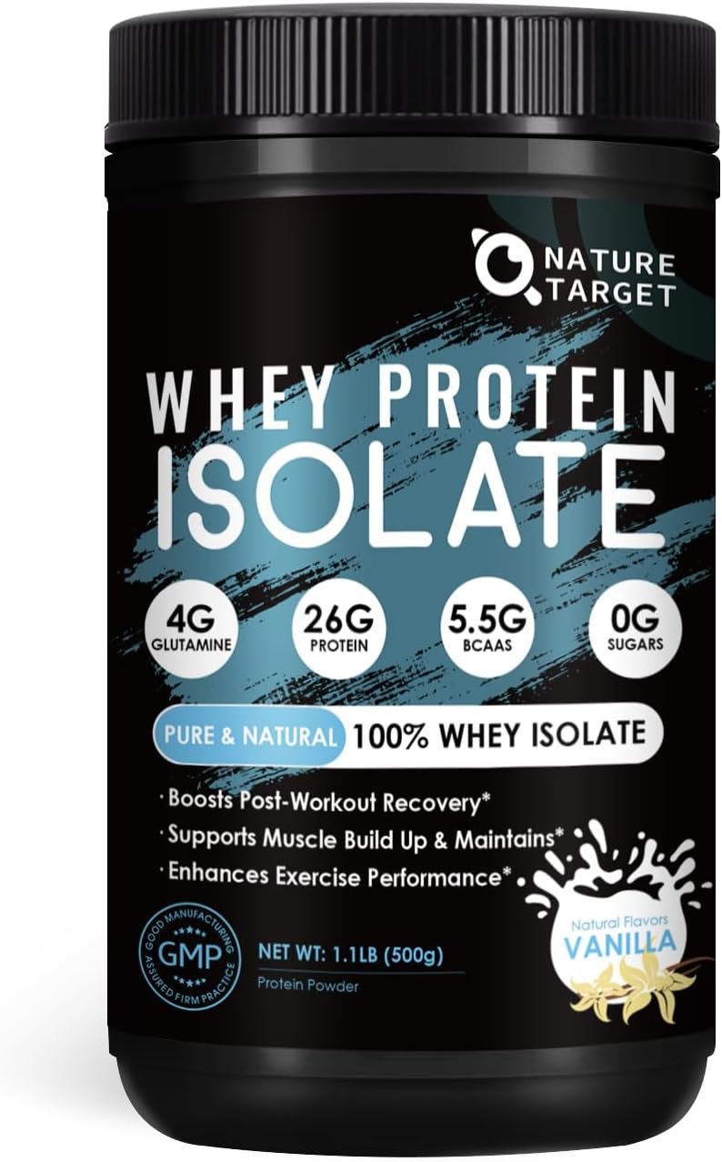NATURE TARGET 100% Whey Protein Isolate – Vanilla, 26g Protein, Only 4 Ingredients – 0 Sugar, Keto Friendly, Gluten-Free – 1.1 LB (16 Servings)