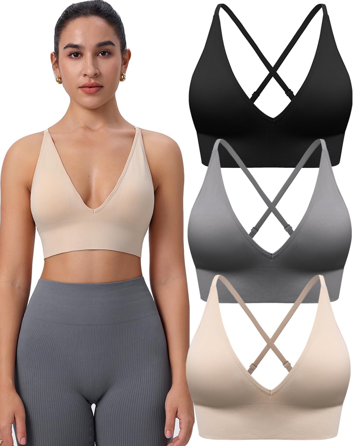Evercute Women’s Sports Bras 3/4 Pack Adjustable Deep V Neck Bras Wireless Spaghetti Strap Criss Cross Padded Low Support Bra