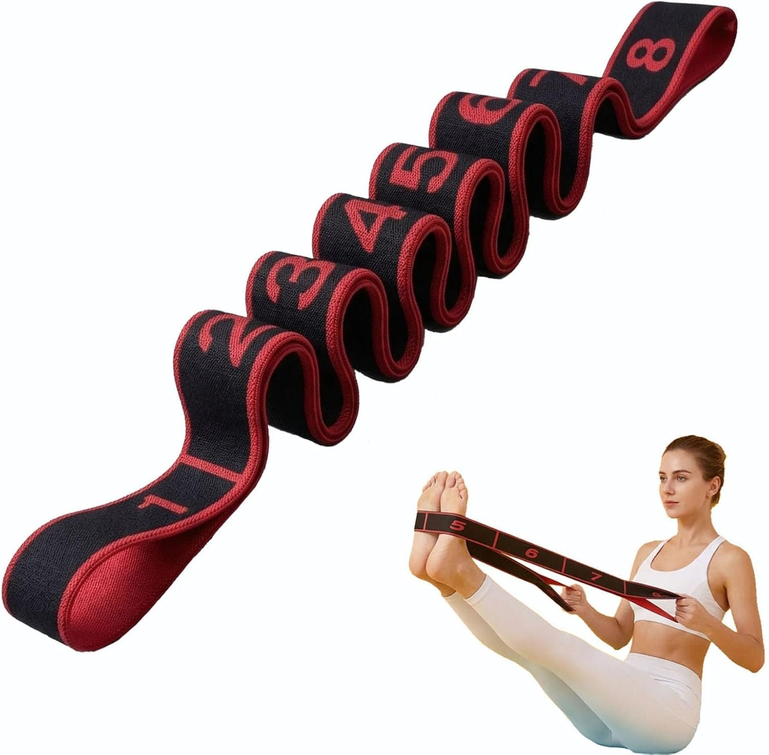 Stretch Bands for Exercise: 8-Section Elastic Exercise Band with Loops, Flexibility Stretching Strap Resistance Bands for Working Out, Leg Glutes Yoga Physical Therapy Fitness Equipment (Black)