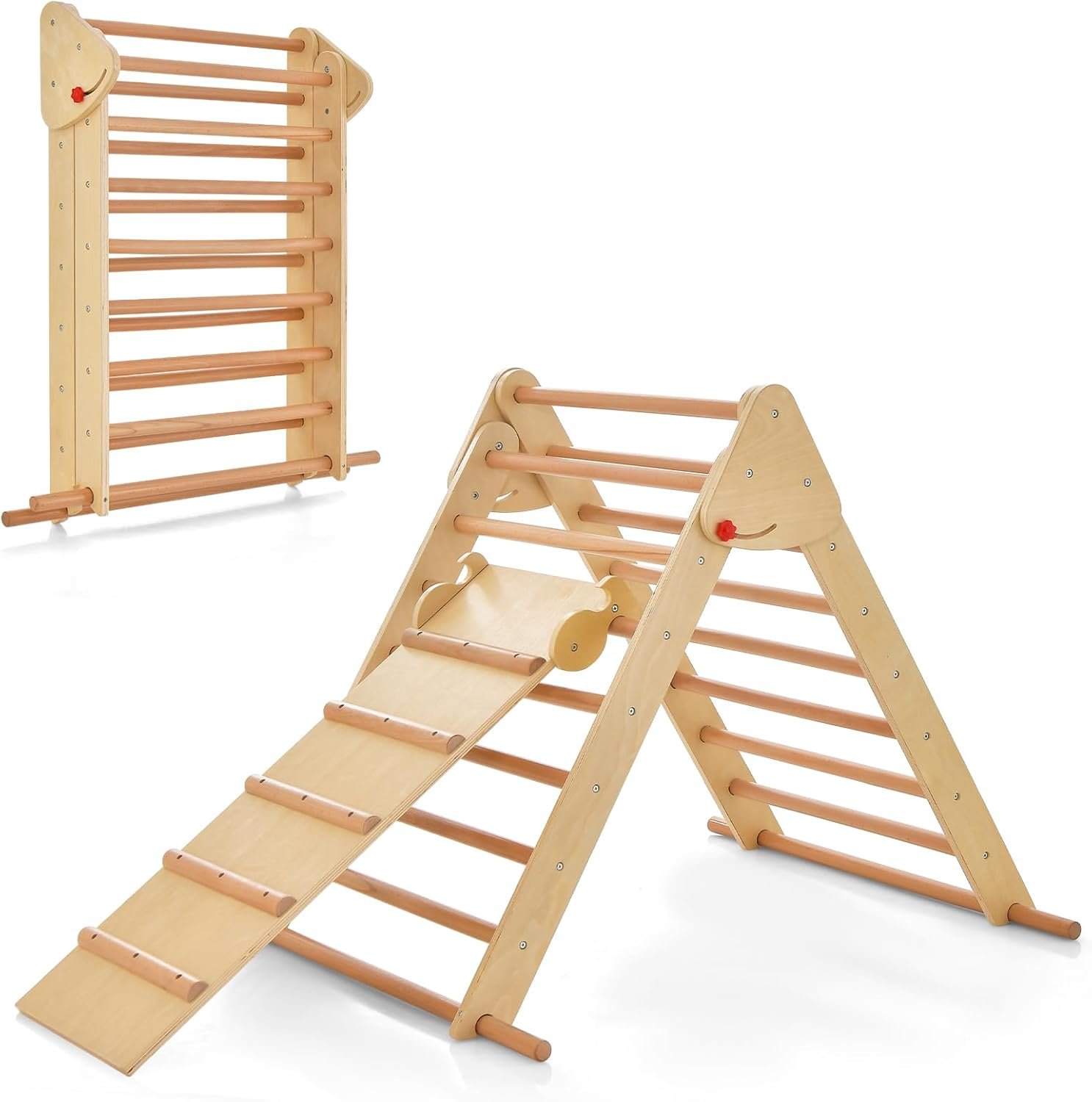 OLAKIDS Pikler Triangle Set 3 in 1 Climbing Toys for Toddlers Foldable Wood Montessori Baby Jungle Gym with Ramp Ladder Slide Kids Indoor Playground Activity Play Structure