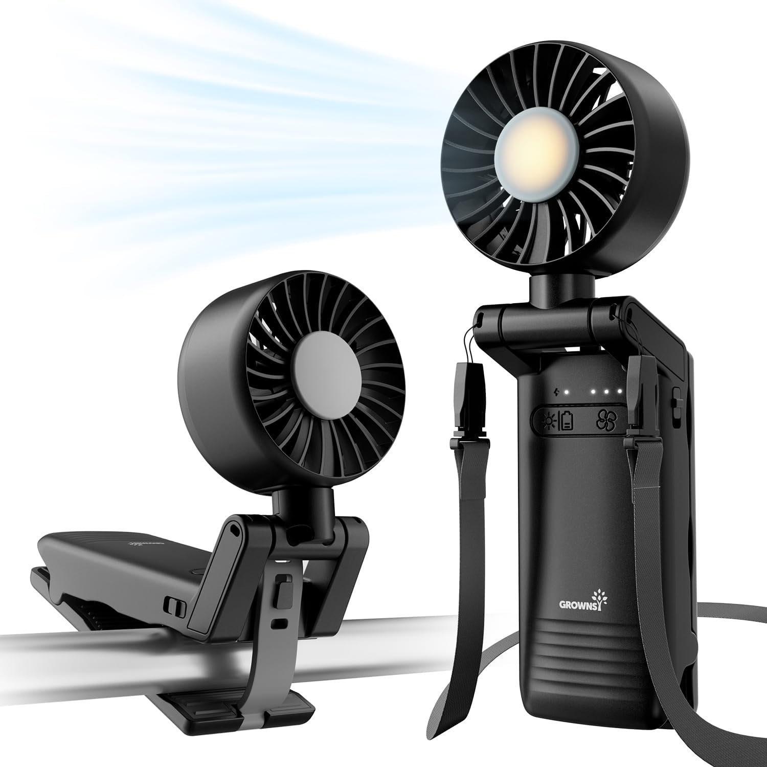 GROWNSY Portable Stroller Fan with Clip | Foldable Baby Fan for Car Seat | Small Handheld Fan with Soft Night Light | Rechargeable 4-Speed Mini Fan for Baby Carrier/Beach/Travel/Crib/Camping(Black)