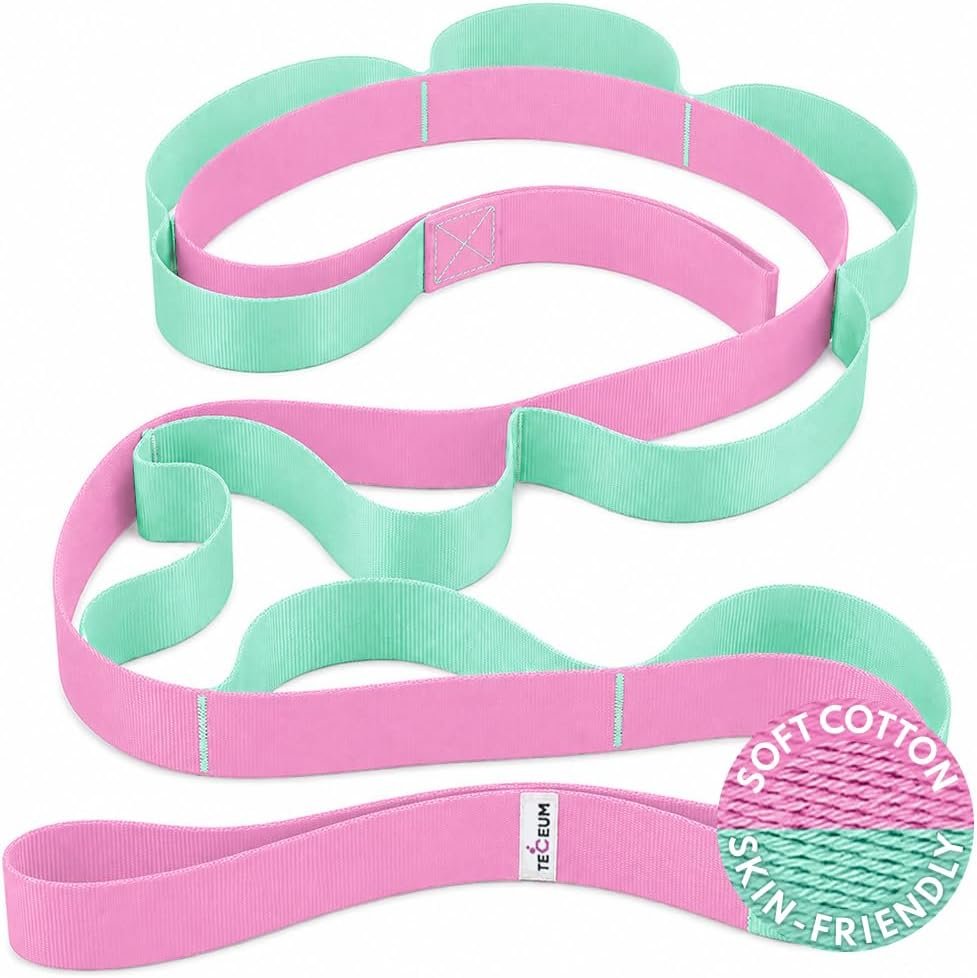 TECEUM Soft Cotton Stretching Strap for Sensitive Skin – Yoga Strap for Physical Therapy – 10 Loops Non-Elastic Stretch Band for Flexibility, Hamstring, Pilates & Rehab