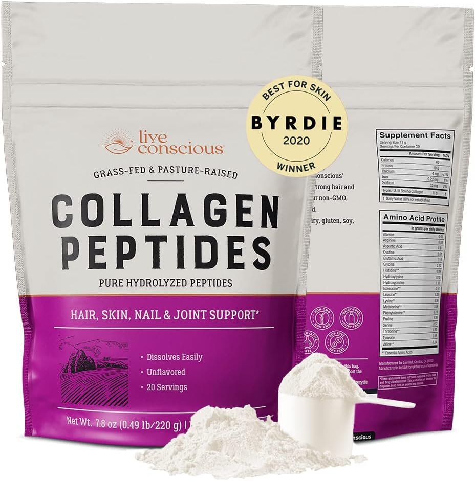 Live Conscious Collagen Powder Hydrolyzed Collagen Peptides Type I & III – Keto & Paleo Friendly – Unflavored – 20 Servings, 7.8 oz