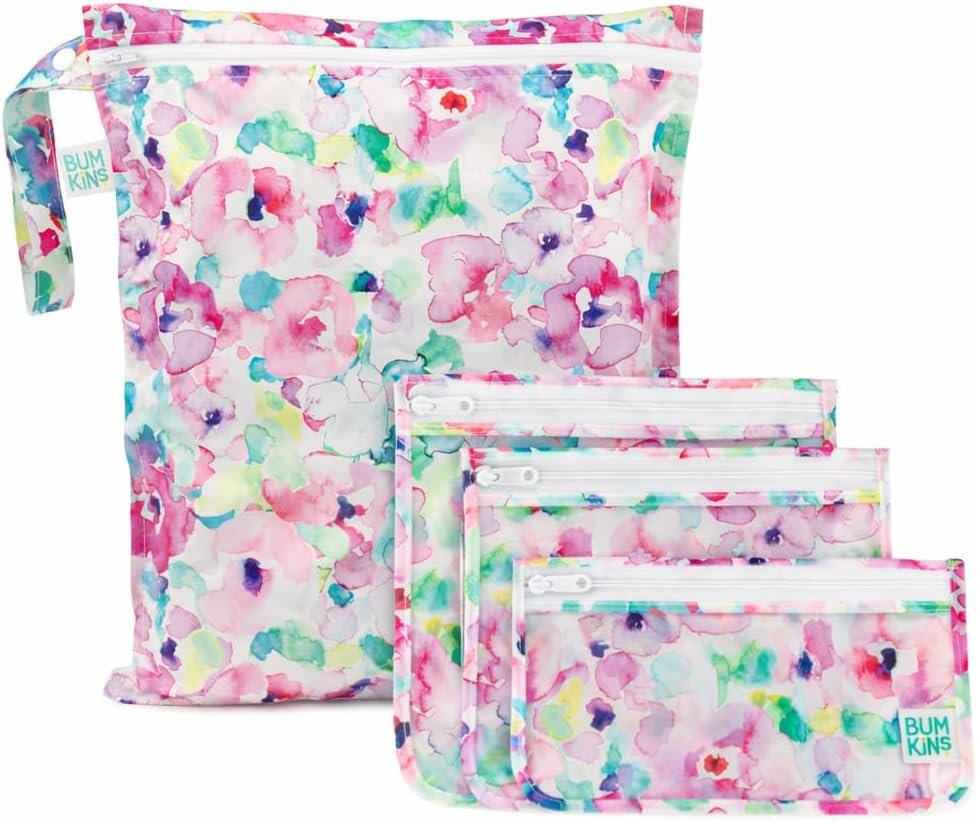 Bumkins – Waterproof Wet Bag & Clear Travel Bags – For Beach, Baby, Travel, Swim Suit, Cloth Diapers, Pump Parts, Pool, Gym, Toiletries – Reusable & Easy to Clean – Watercolor – 4 Pack