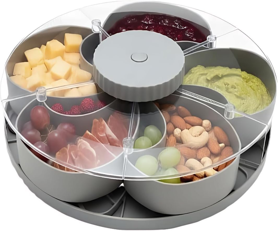 Lid Divided Rotating Snack Tray – Spin Box Platter Containers Candy Chip Storage, Rotating Spice & Snack Organizer, 8.66 inches Wide Clear 5-Compartment Serving, Nuts, and Snacks （Grey）