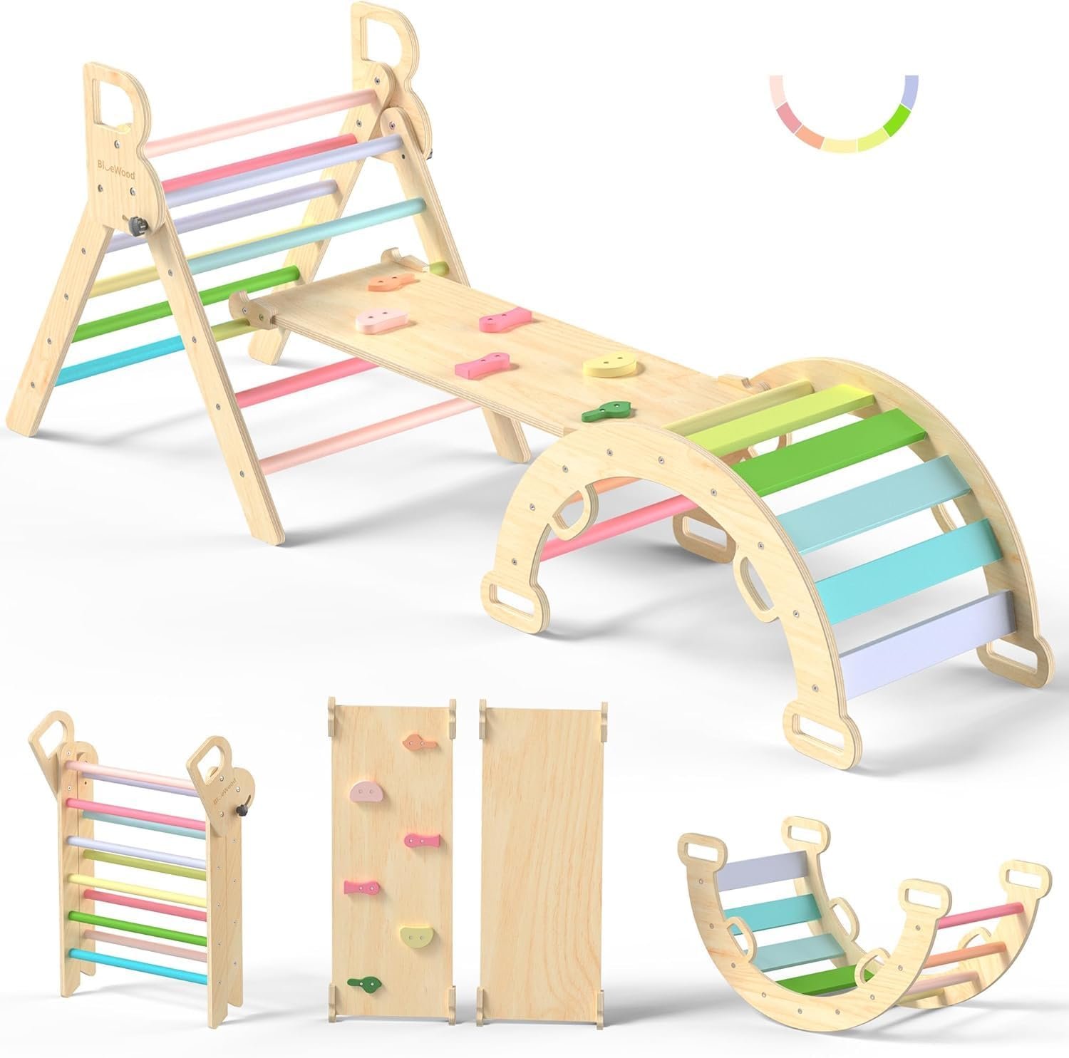 BlueWood Pikler Triangle Set, Toddler Wooden Climbing Toys Indoor 7in1 Foldable Climber for Kids, Montessori Philosophy Play Jungle Gym with Arch, Ramp, Ladder (Colorful Spring)