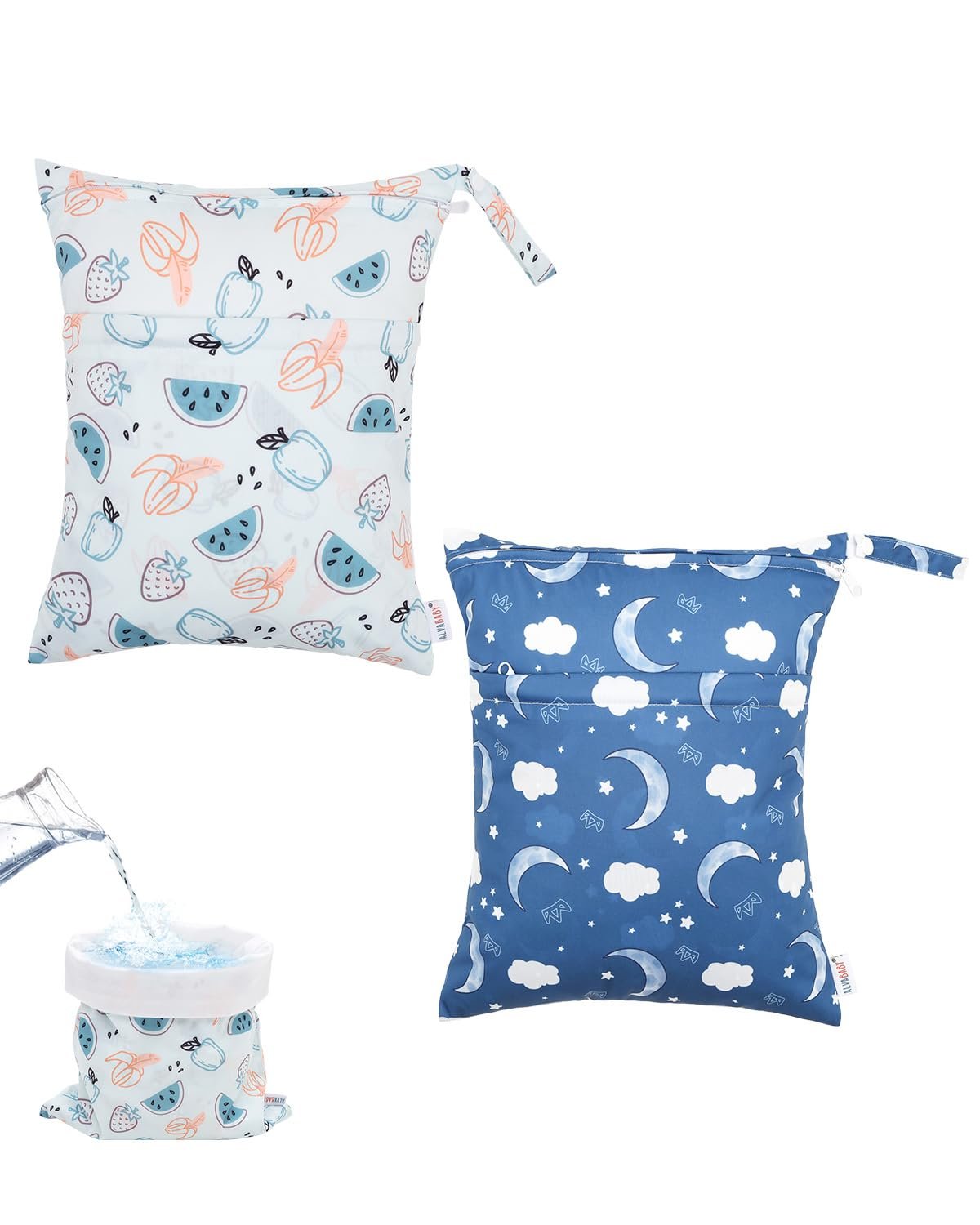 ALVABABY 2pcs Waterproof Wet Dry Bags,Reusable with Two Zippered Pockets,Baby Cloth Diaper,Travel,Beach,Pool,Daycare,Soiled Baby Items,Yoga Gym Bag,Swimsuits or Wet Clothes 2LW04