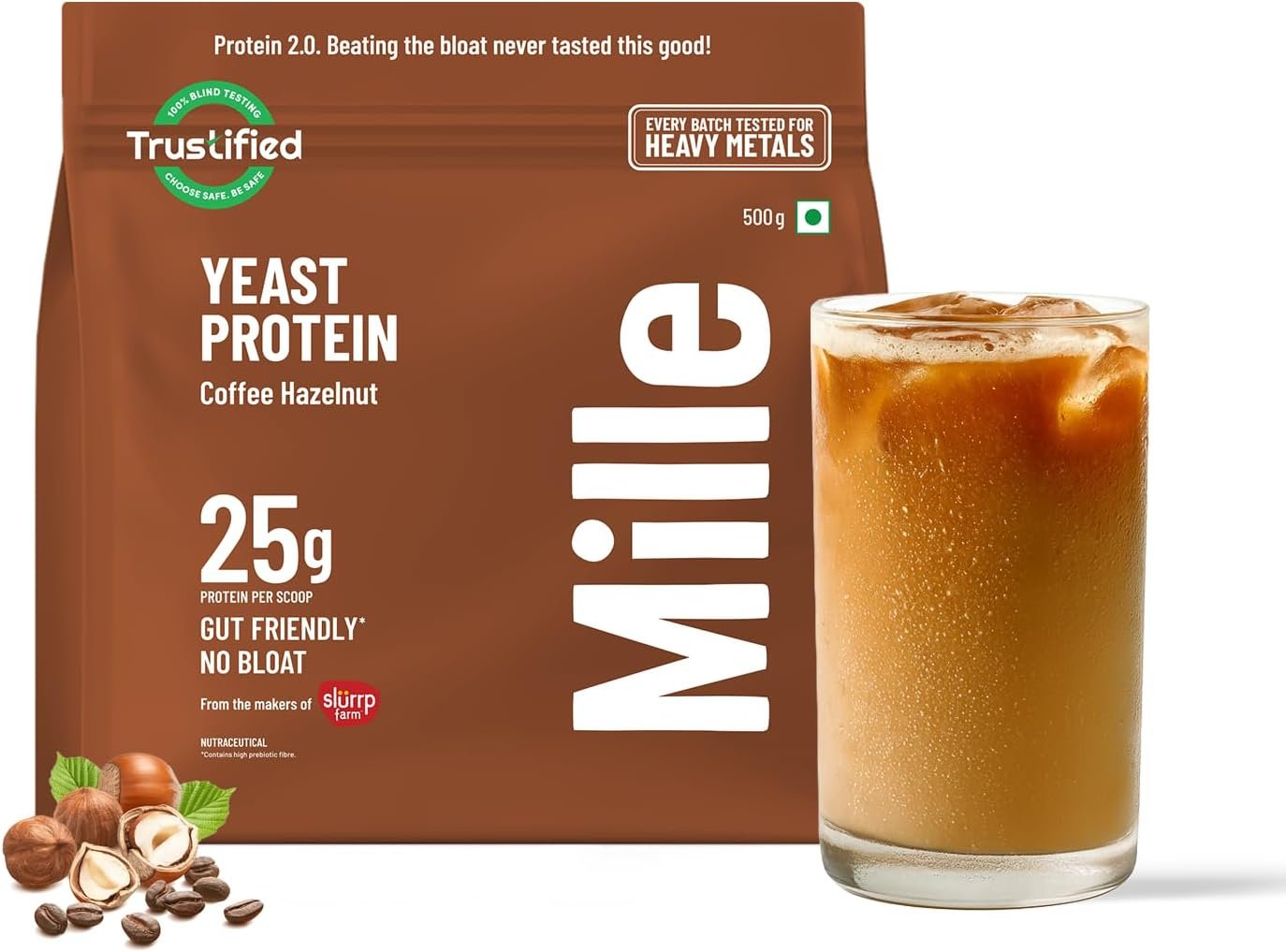 Mille Coffee Hazelnut Plant Protein Powder | 25g Protein per Scoop | Vegan Yeast Protein for Shakes & Smoothies | No Added Sugar, Non-Bloating, Clean Plant-Based Blend | 17.64 Oz (500g)