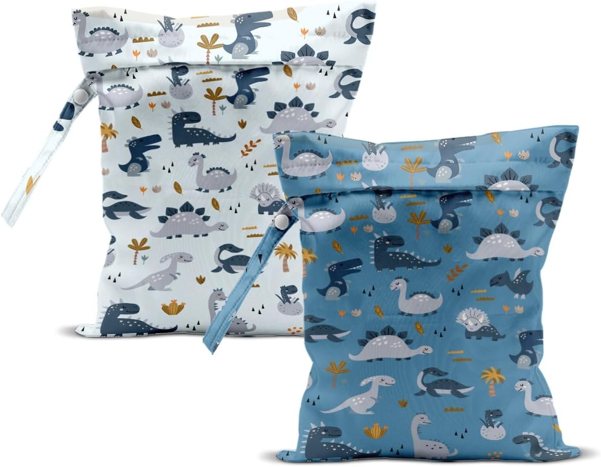 2Pcs Diaper Bag, Wet Dry Bag Reusable with Zipper, Travel, Beach, Pool, Diapers, Baby Clothes, Dirty Yoga Gym Clothes,Toiletry, Hook to Stroller, Waterproof Wetdry Packing, Dinosaur Decor (12×10 Inch)