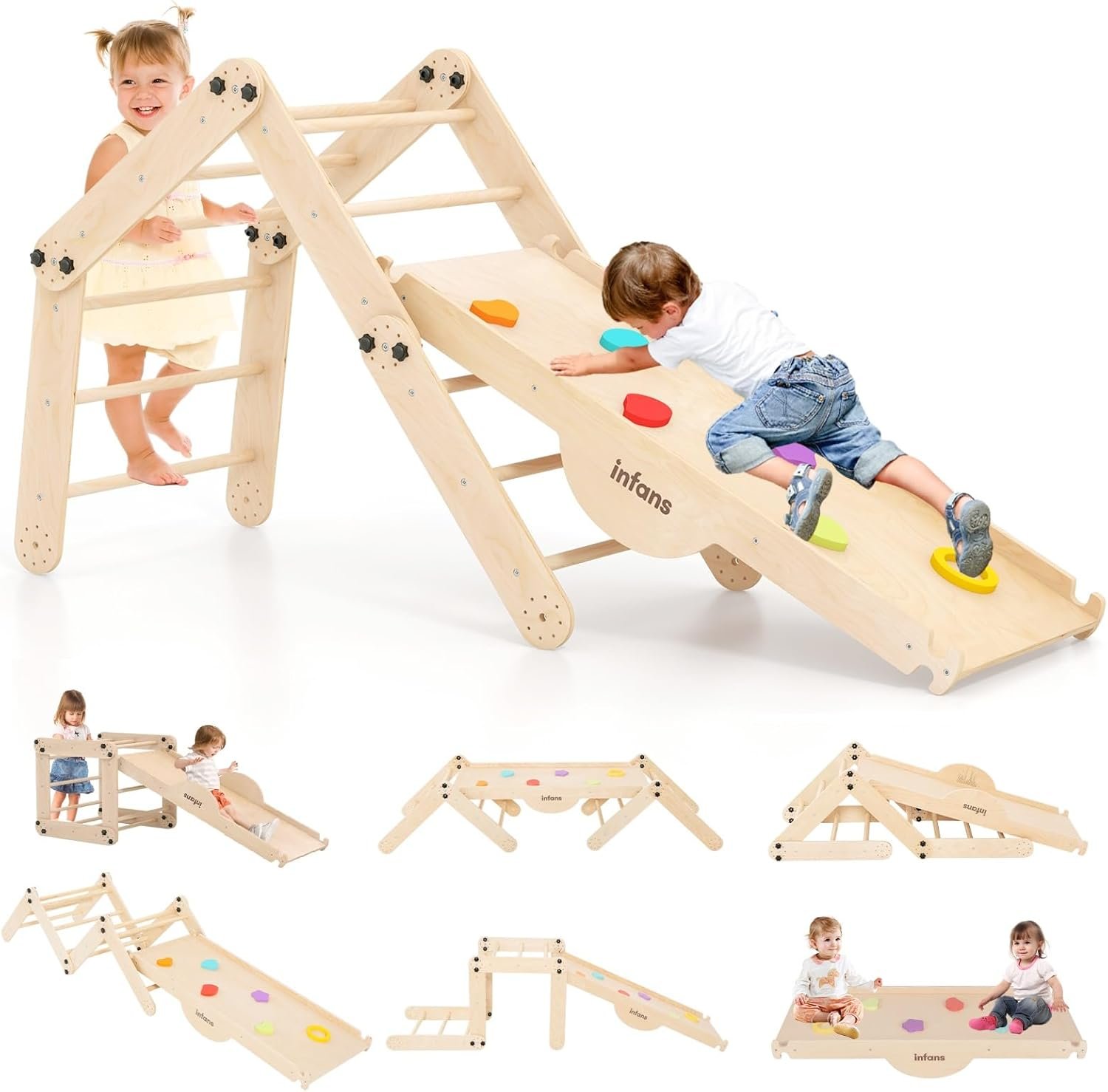 INFANS 12 in 1 Climbing Toys for Toddlers, Upgrade Wooden Montessori Foldable Triangle Climber Set with Reversible Ramp Slide Ladder Seesaw, Indoor Pikler Climb Activity Jungle for Kids Age 3+