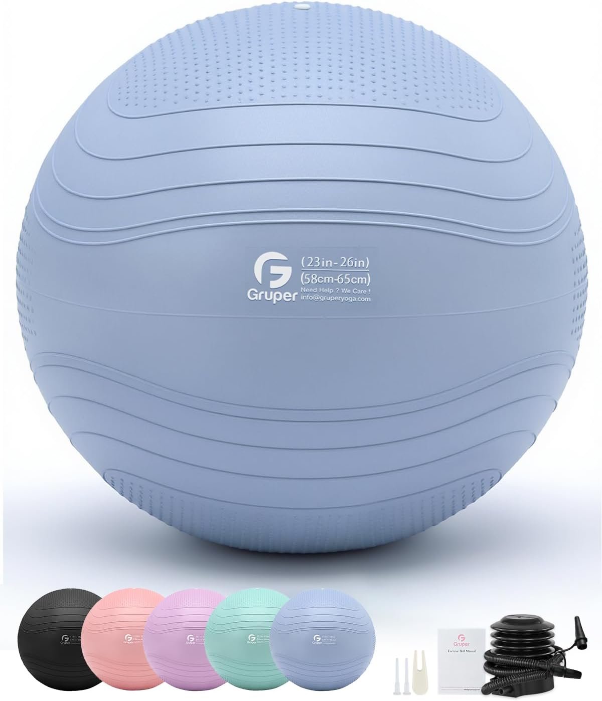 Gruper Yoga Ball, Extra Thick Exercise Ball for Workout Pregnancy Stability – 4 Sizes Anti Burst Balance Ball for Yoga, Pilates, Fitness, Birthing, Physical Therapy – Includes Pump