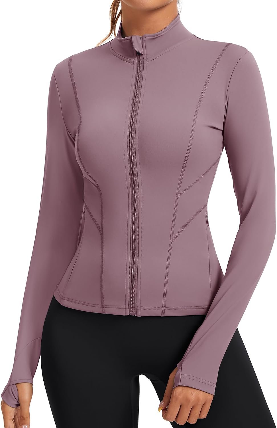 Rapbin Women’s Slim Fit Workout Jackets Full Zip Long Sleeve Running Athletic Tops Yoga Shirts with Thumb Holes