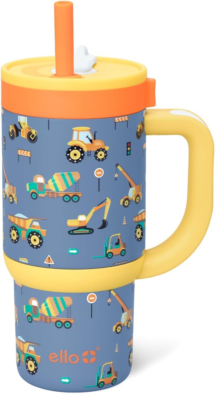 Ello Oasis 14oz Stainless Steel Toddler Tumbler with Handle & Retracting Straw, 100% Leakproof, Double-Wall Vacuum Insulated, Kids Water Bottle for School, BPA Free, Dishwasher Safe, Construction