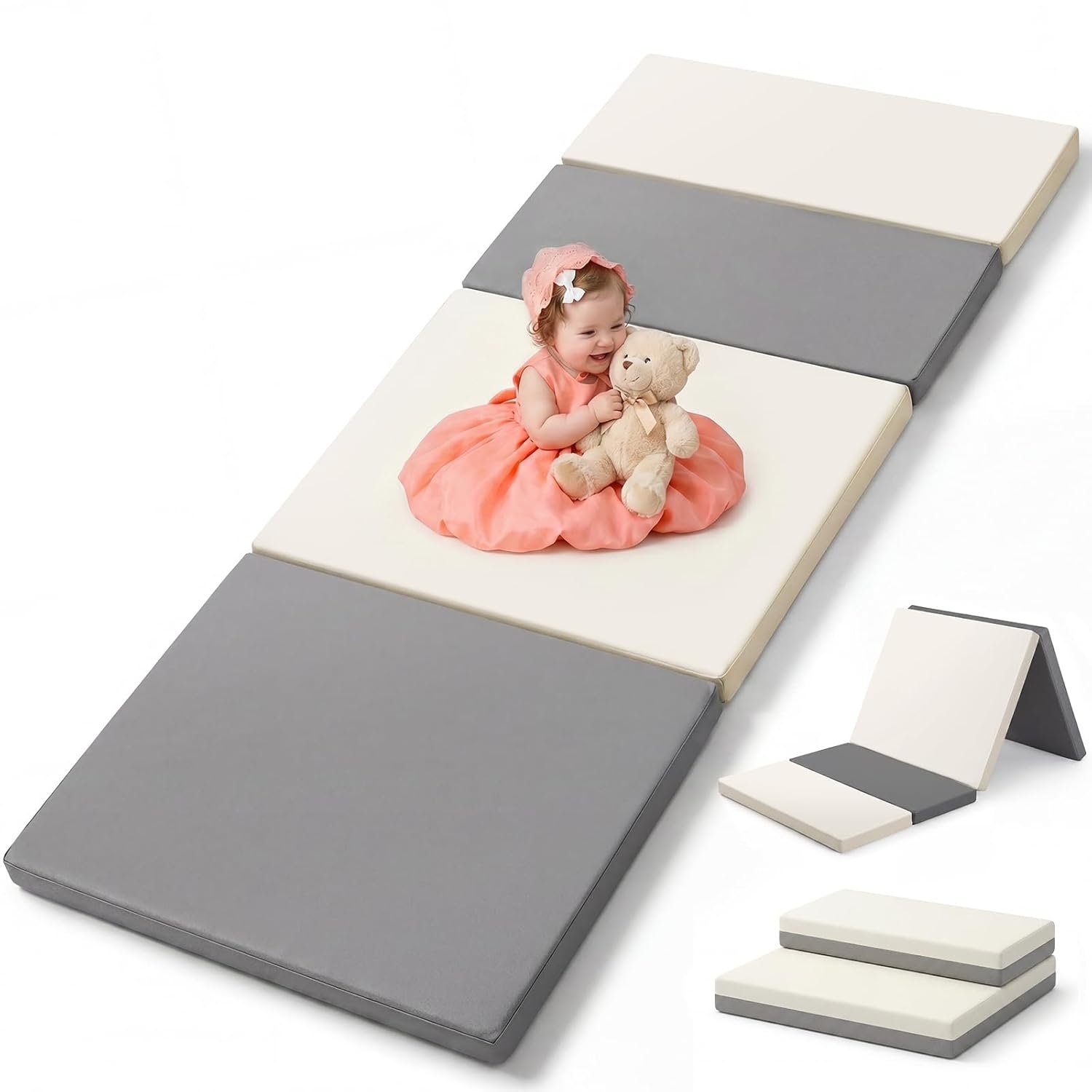 Mallify Foldable Baby Play Mat, 71”x30” Thicken Portable Bedside Mat for Babies, Folds into Staircase & Reading Backrest, Waterproof PU Leather Foam Mat for Infants and Toddlers (Gray & White)