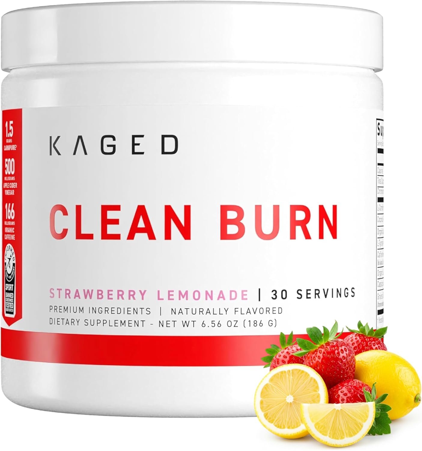 Kaged Thermogenic Powder Clean Burn Strawberry Lemonade Men & Women Weight Management Supplement Natural Caffeine Apple Cider Vinegar 30 Servings