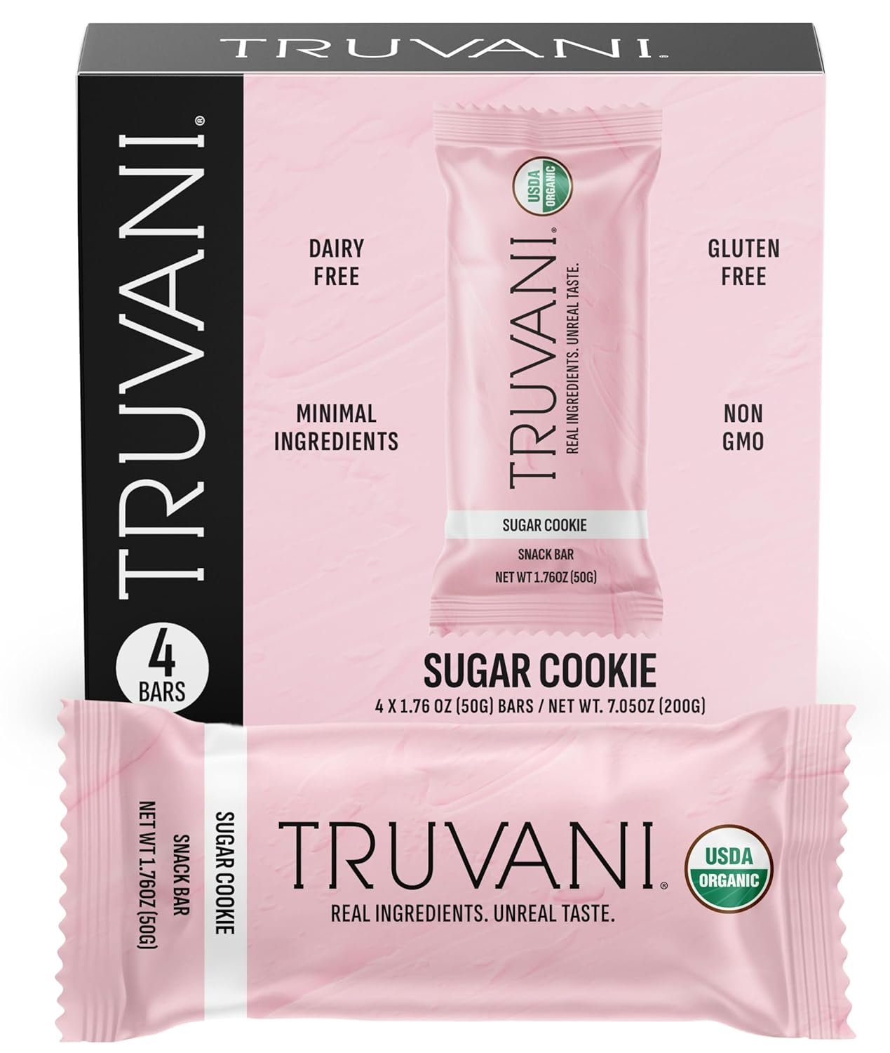 Truvani Plant Based Snack Bars | Sugar Cookie 4 Pack | 6g Protein | USDA Organic and Vegan | The Only Bar | Dairy, Soy, and Gluten Free | Individually Wrapped