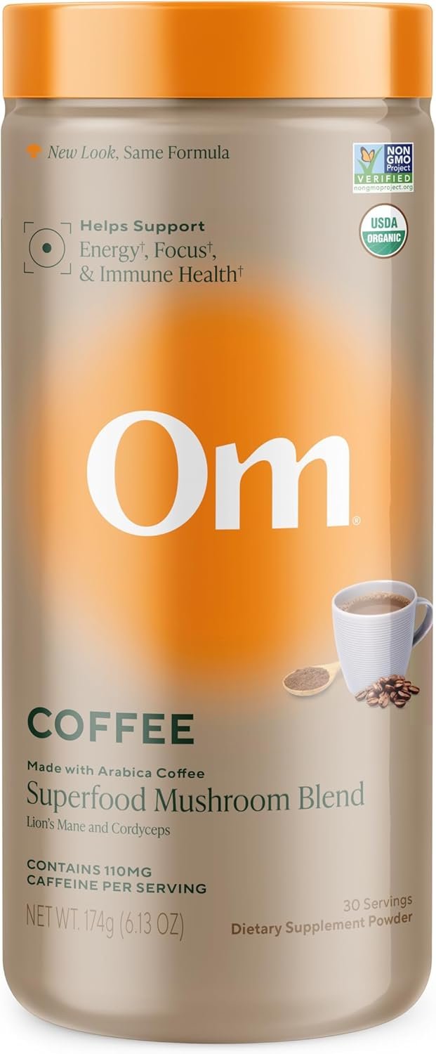 OM MUSHROOM SUPERFOOD Medium Roast Instant Black Coffee USDA Organic with Adaptogenic Mushrooms, USA, Coffee for Energy, Focus Digestion Immunity with Lions Mane & Cordyceps, 30 Servings