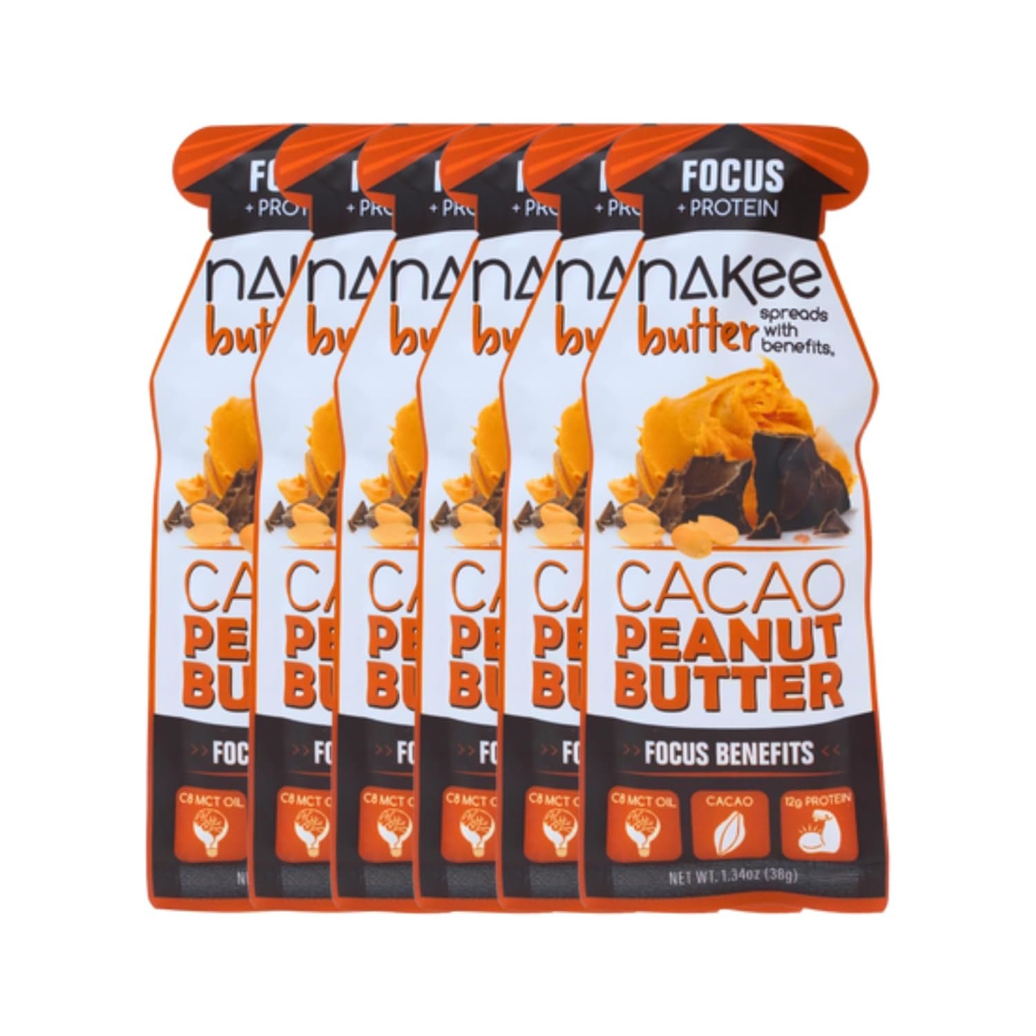 Nakee Butter Focus Cacao Peanut Butter – Gluten-Free, Organic, Keto, Low-Carb, High-Protein with C8 MCT Oil, 6 Pack