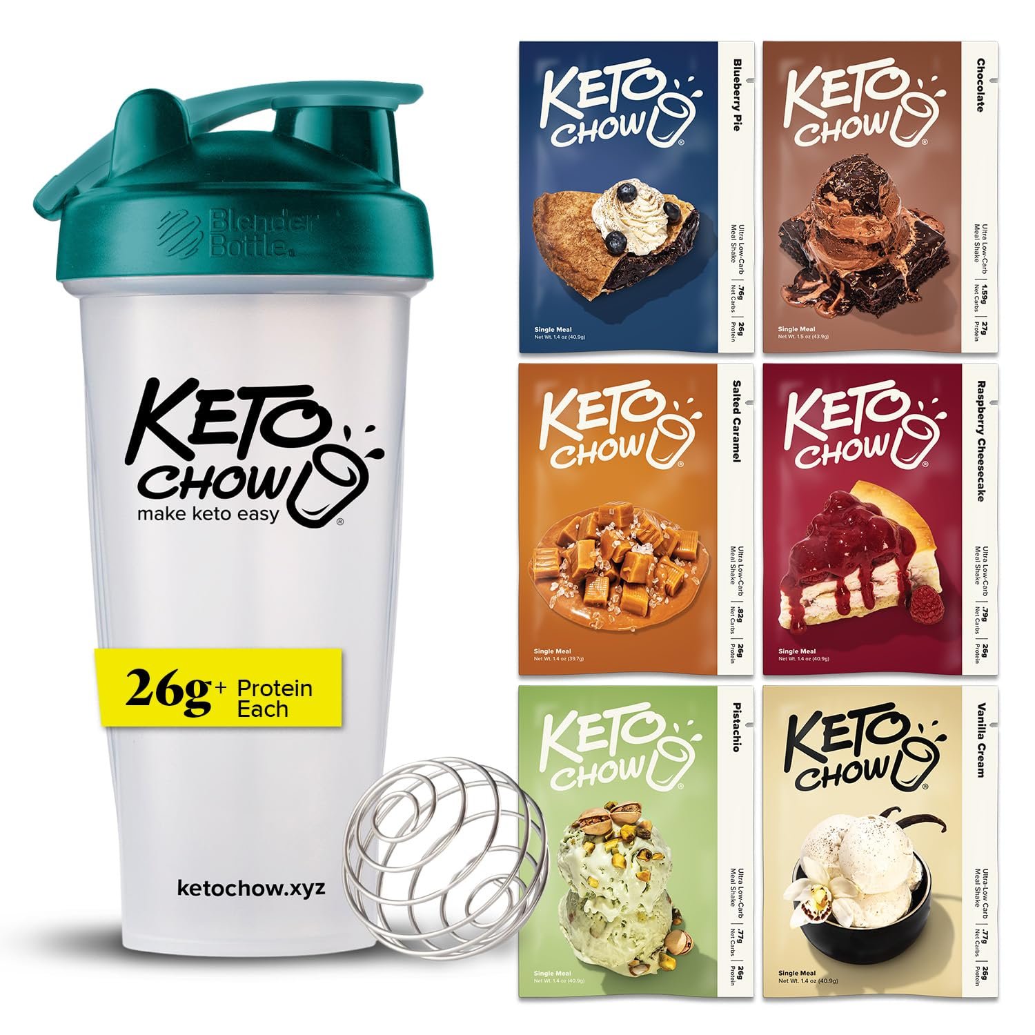 Keto Chow Essentials Kit Meal Replacement Shake Powders, Nutritionally Complete Low Carb Meal, High Protein Breakfast or Lunch Replacement, Gluten Free, Keeps You Full for Hours, 6 Flavors
