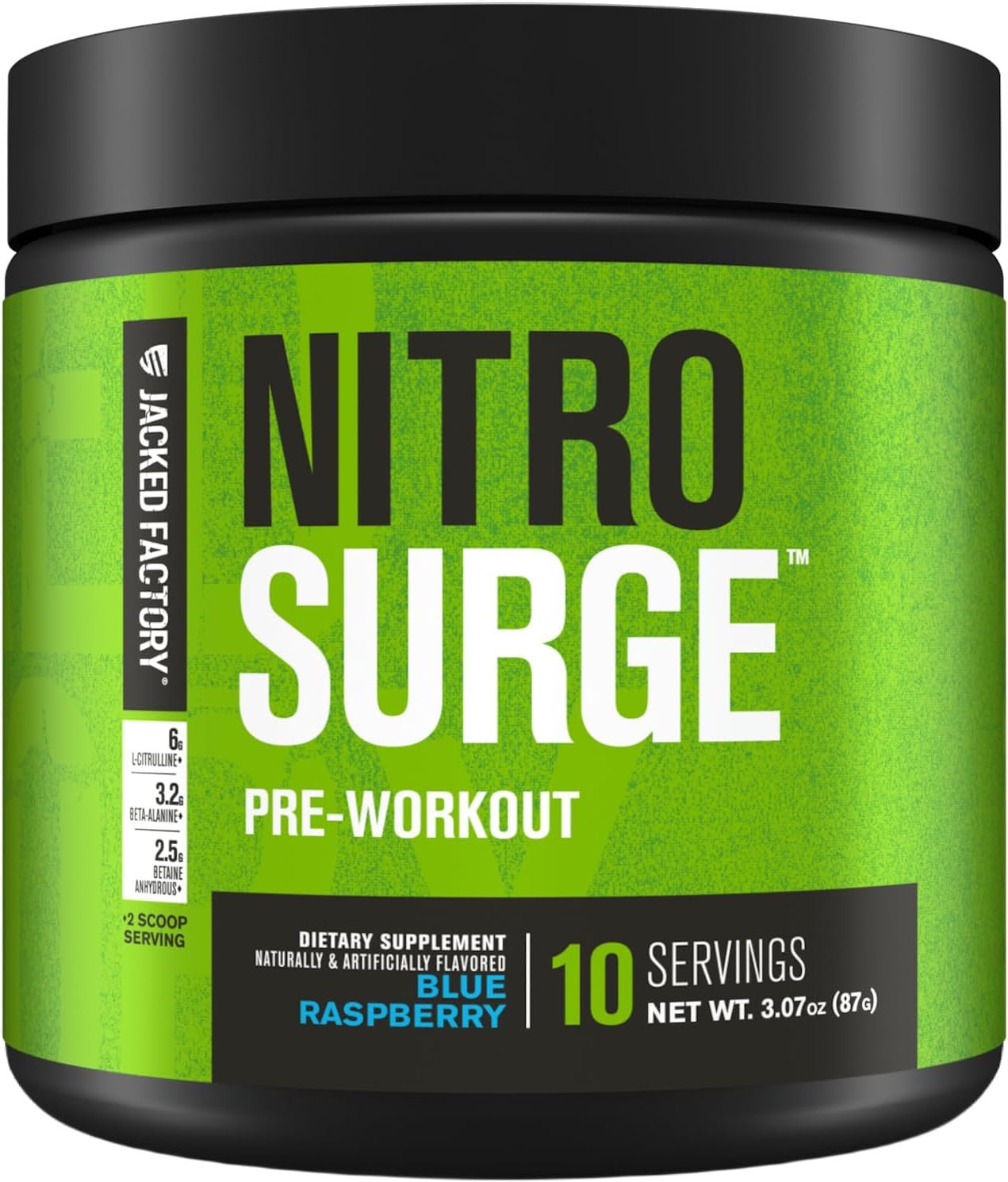 Jacked Factory NITROSURGE Pre Workout Supplement – Endless Energy, Instant Strength Gains, Clear Focus, Intense Pumps – NO Booster & Preworkout Powder with Beta Alanine – 10 Servings, Blue Raspberry