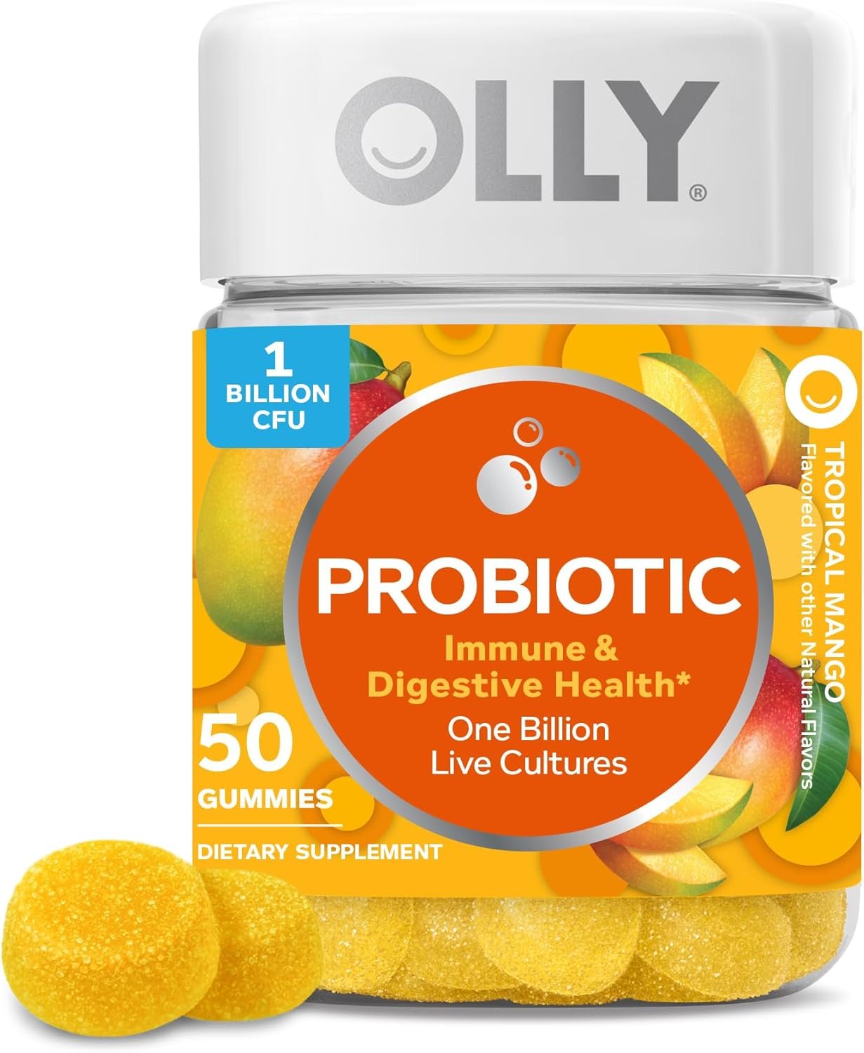OLLY Probiotic Gummy, Immune and Digestive Support, 1 Billion CFUs, Chewable Probiotic Supplement, Mango, 25 Day Supply – 50 Count