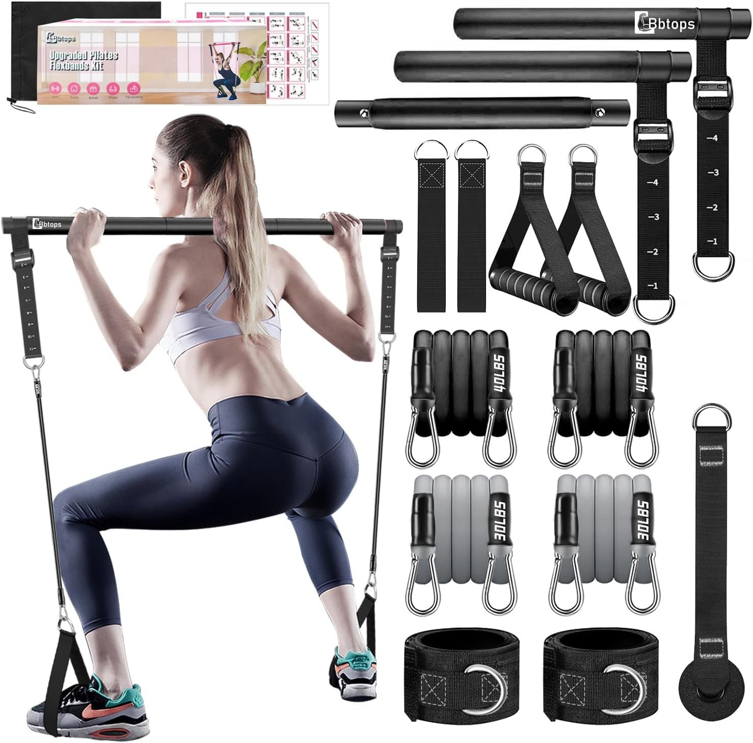 Bbtops Pilates Bar Kit with Resistance Bands,Pilates Bar with Stackable Bands Workout Equipment for Legs,Hip,Waist and Arm,Exercise Fitness Equipment for Women & Men Home Gym Yoga Pilates
