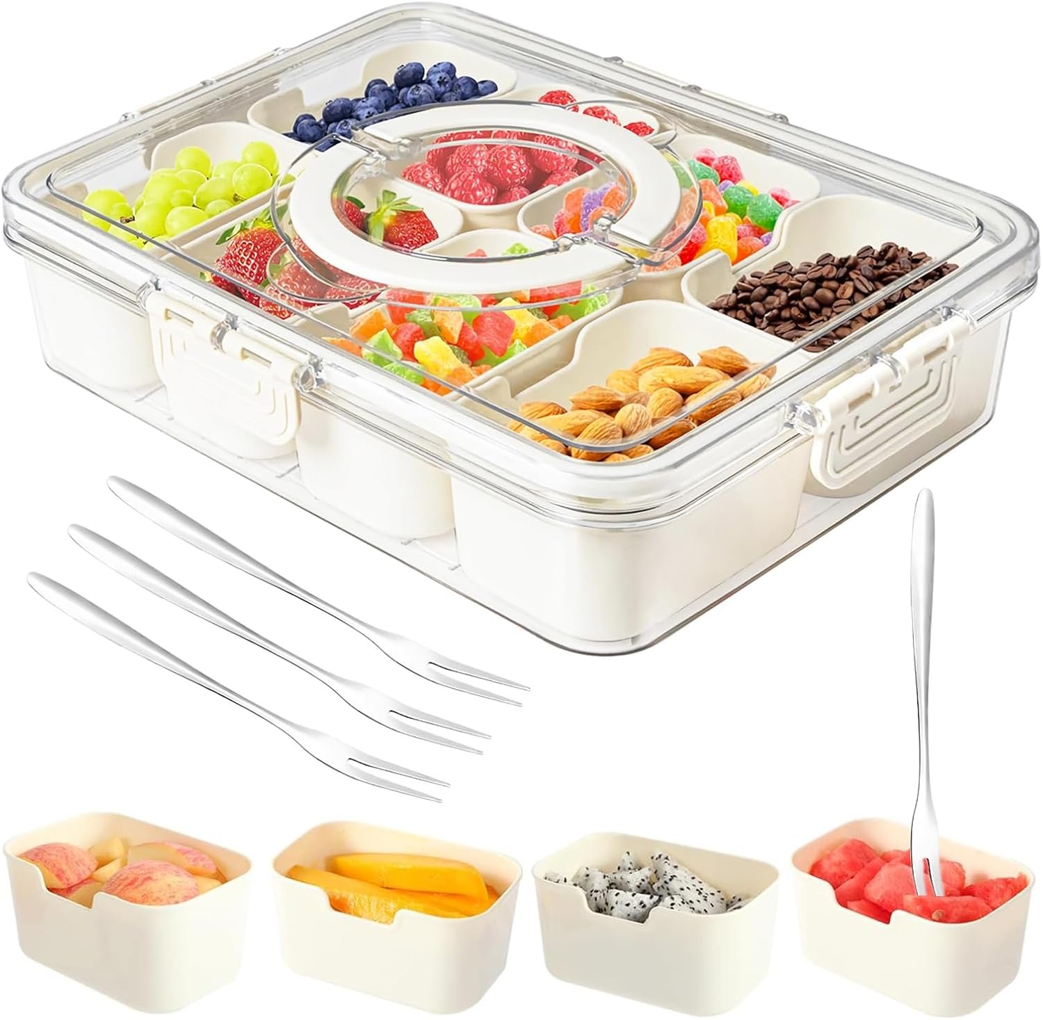 Dunruz Snackle Box Container,Portable Snack Box 8 Compartment Divided Serving Tray with Lid,Clear Storage Organizer for Fruit Candy Nuts Veggie-Perfect for Road Travel Party (1 Pack-8 Compartments)