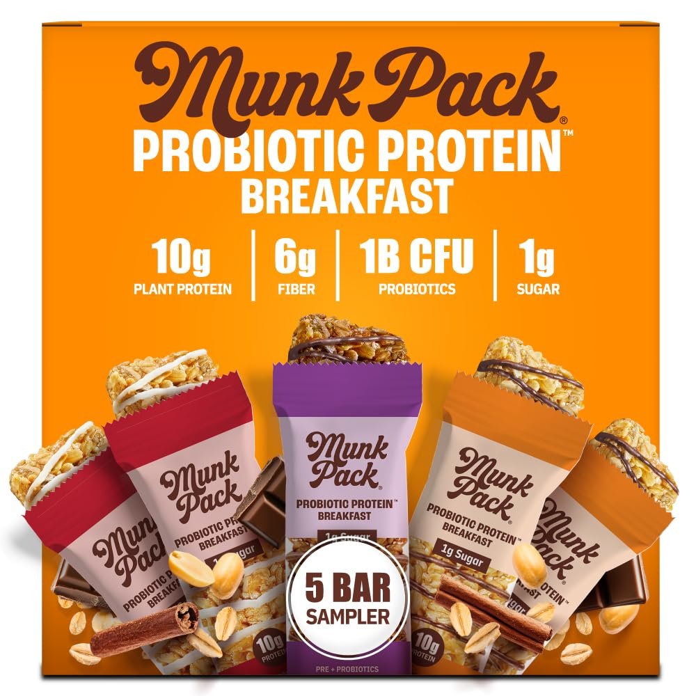 Munk Pack Sampler Pack Probiotic Protein Snack Bars | 10g Plant Protein, 1g Sugar, 6g Fiber |Diabetic-Friendly Ideal Breakfast Bars – On-the-Go Snacks, Gluten-Free, Non-GMO | 5 Count