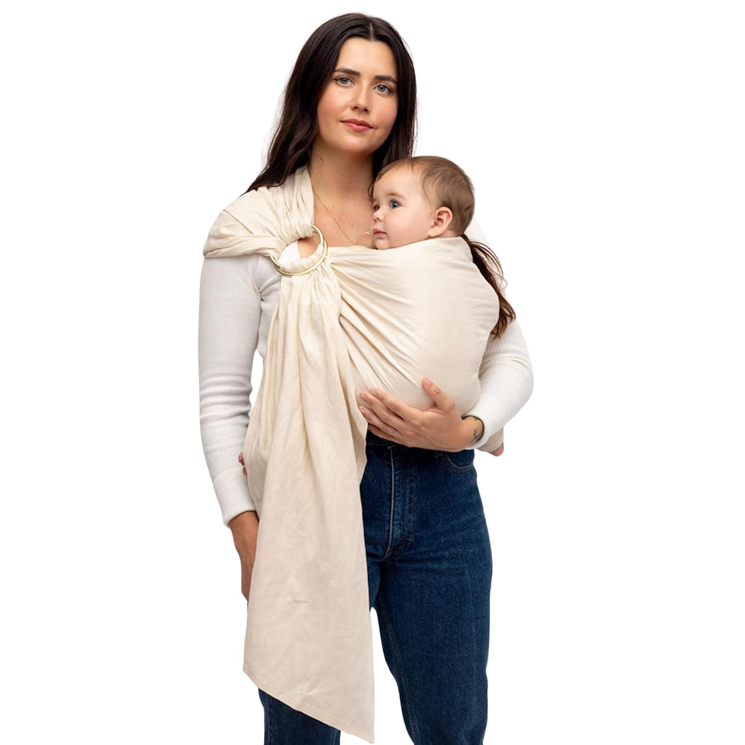 WildBird – Ring Sling Baby Carrier – 0-36 Months (up to 35 lbs) – Long (90″) Sparrow & Gold Ring – Front, Hip or Back Carry – Adjustable Fit – Natural Linen – Baby Essentials – New Mom Gifts