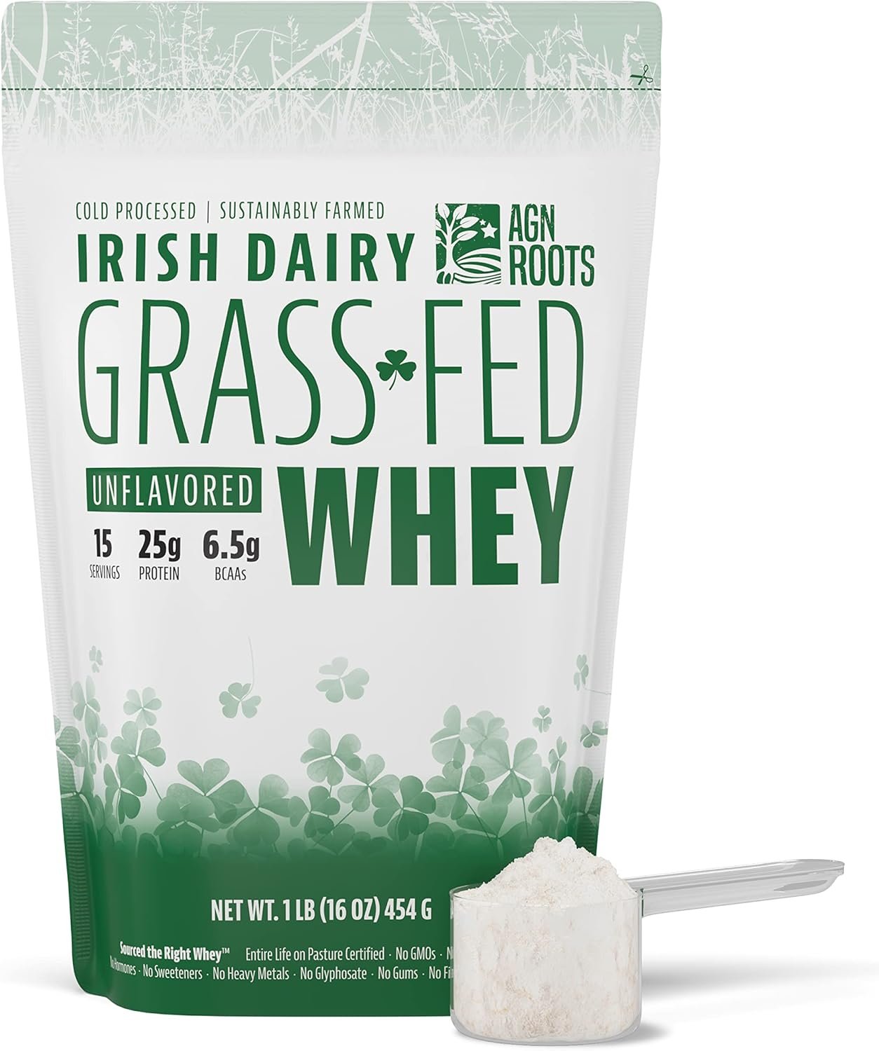 AGN Roots Grass Fed Whey Protein Powder Isolate – Unflavored – Unsweetened – Certified Entire Life On Pasture by A Greener World – ASPCA Registered – Informed Sport – Dairy Protein 1lbs