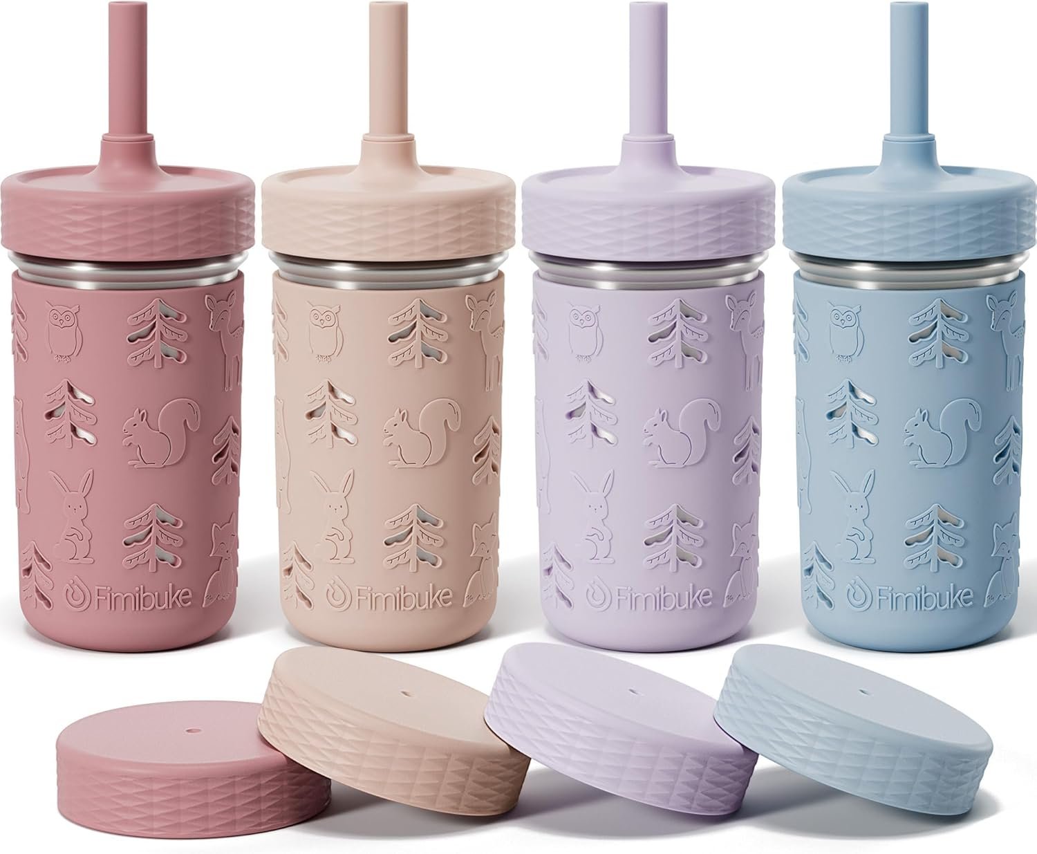 Fimibuke Toddler Cups Spill Proof, 12 OZ Sippy Cups for Kid Girl Boy, Stainless Steel Tumbler with Lid, Removable Silicone Straw & Sleeve, BPA Free Dishwasher Safe Water Bottle Snack Container 4 Pack
